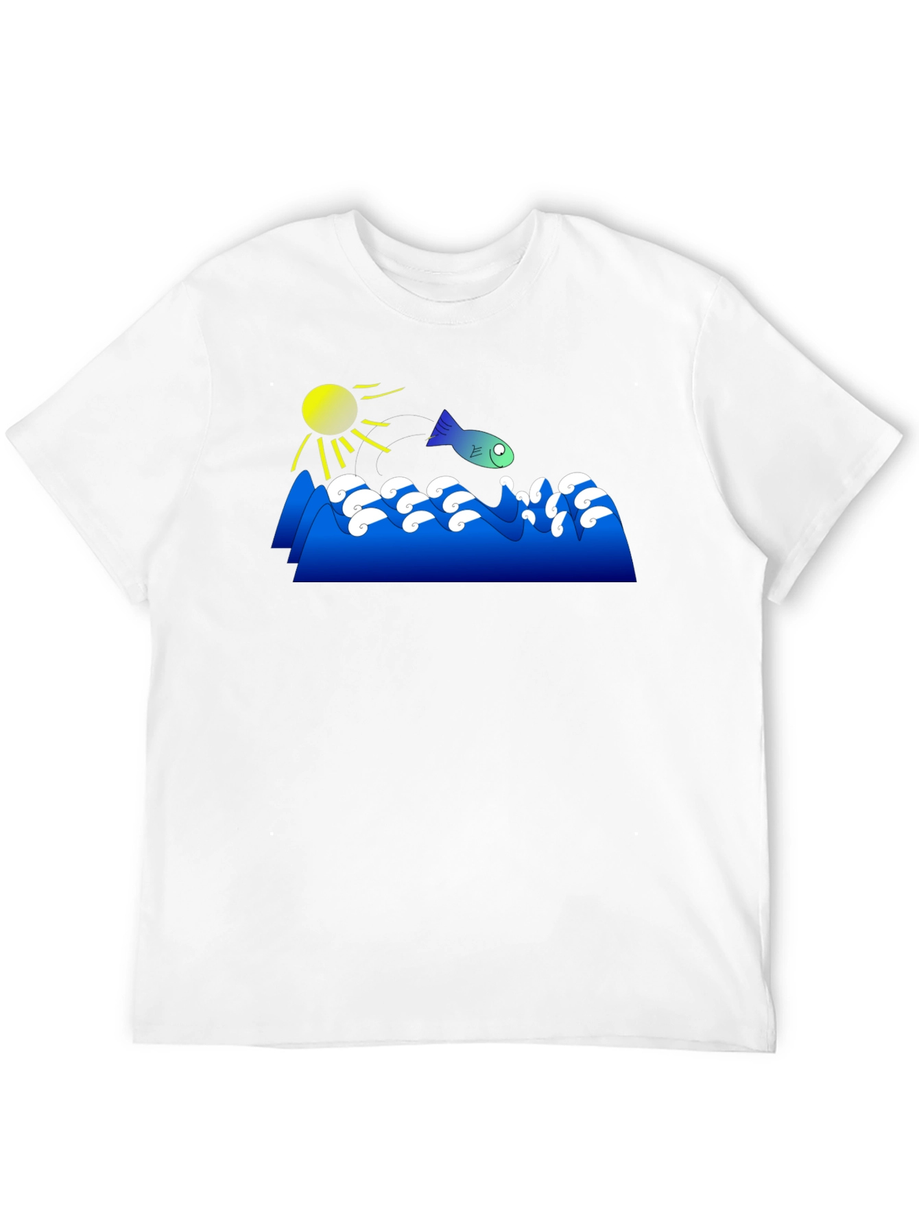 Cartoon Fish Jumping Waves Graphic Black T-Shirt