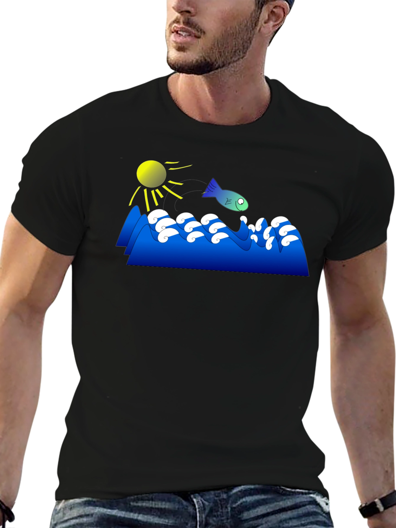 Cartoon Fish Jumping Waves Graphic Black T-Shirt