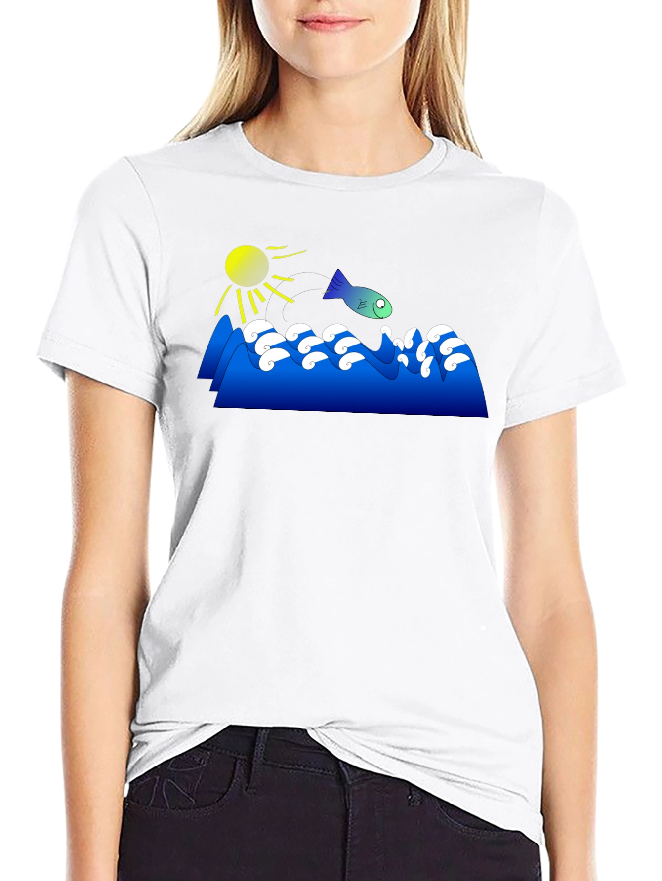 Cartoon Fish Jumping Waves Graphic Black T-Shirt