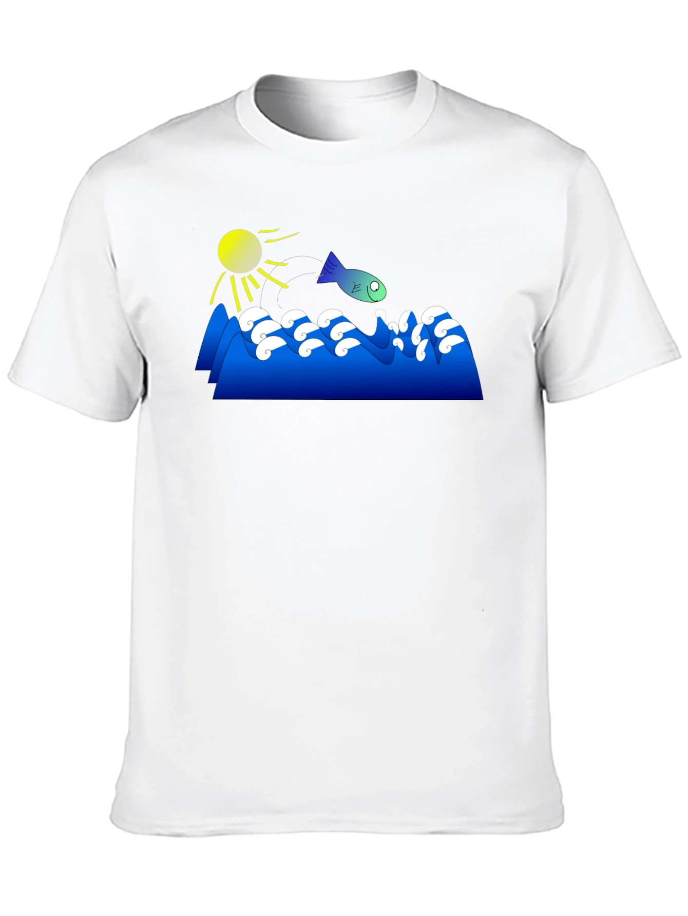 Cartoon Fish Jumping Waves Graphic Black T-Shirt