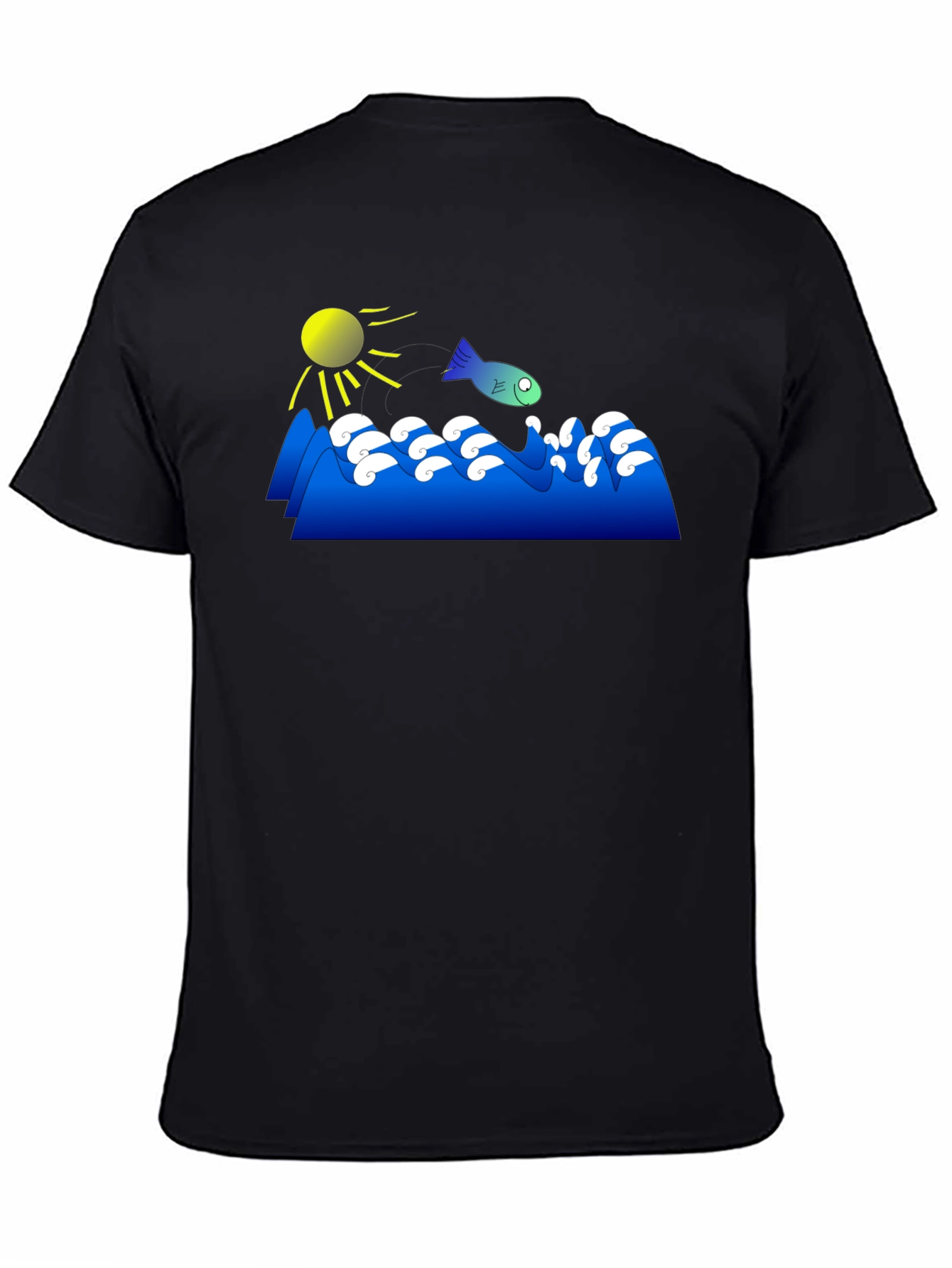 Cartoon Fish Jumping Waves Graphic Black T-Shirt