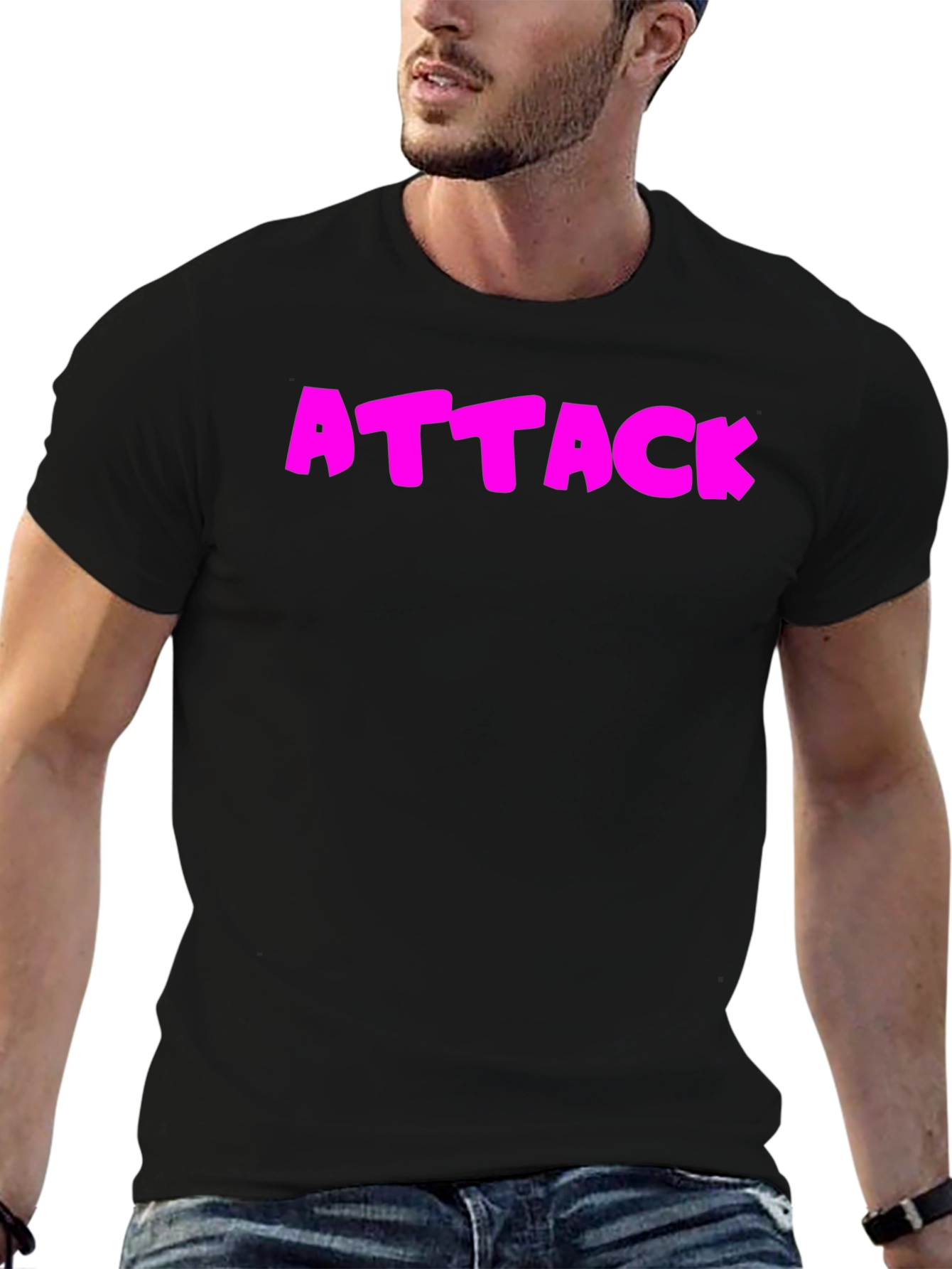 Attack Pink Text Graphic Black T-Shirt