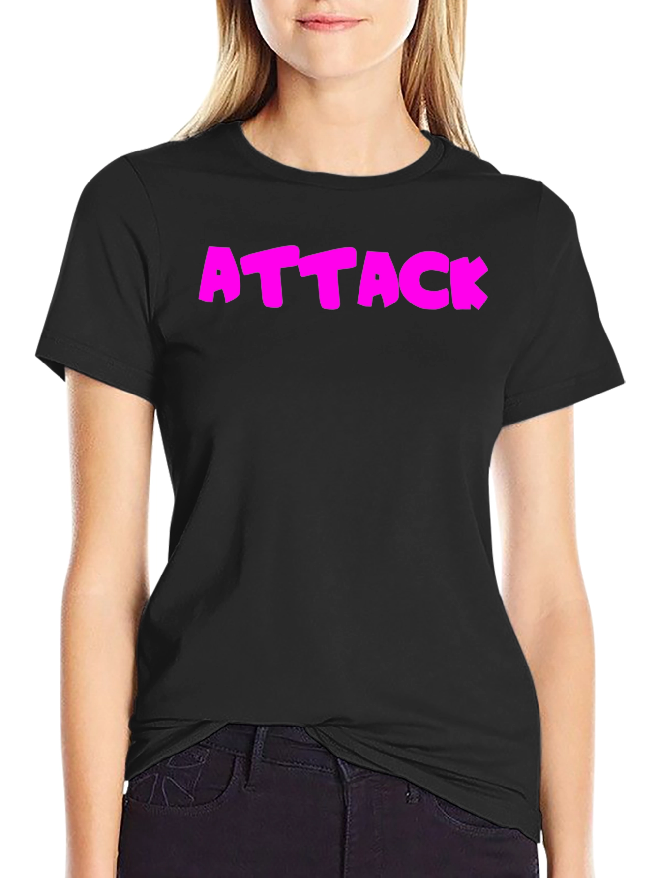 Attack Pink Text Graphic Black T-Shirt