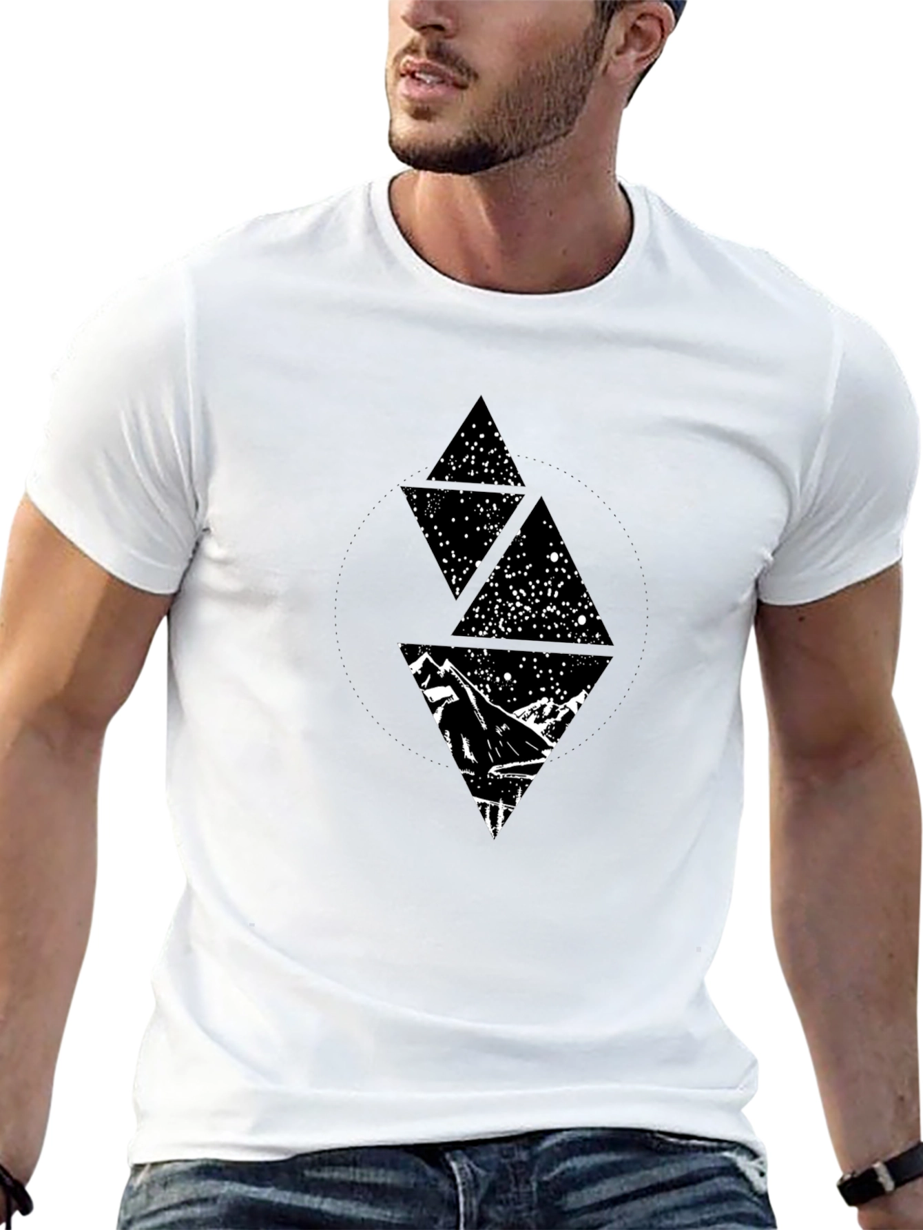 Geometric Mountain Starry Sky Graphic Tee - Black