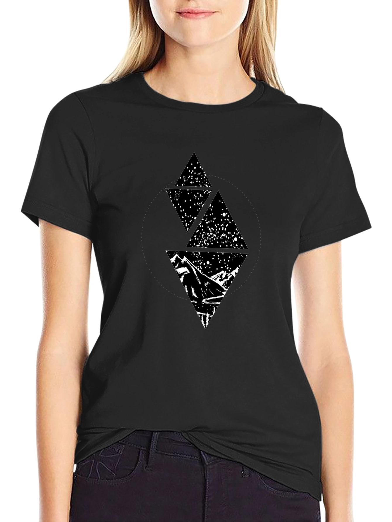 Geometric Mountain Starry Sky Graphic Tee - Black