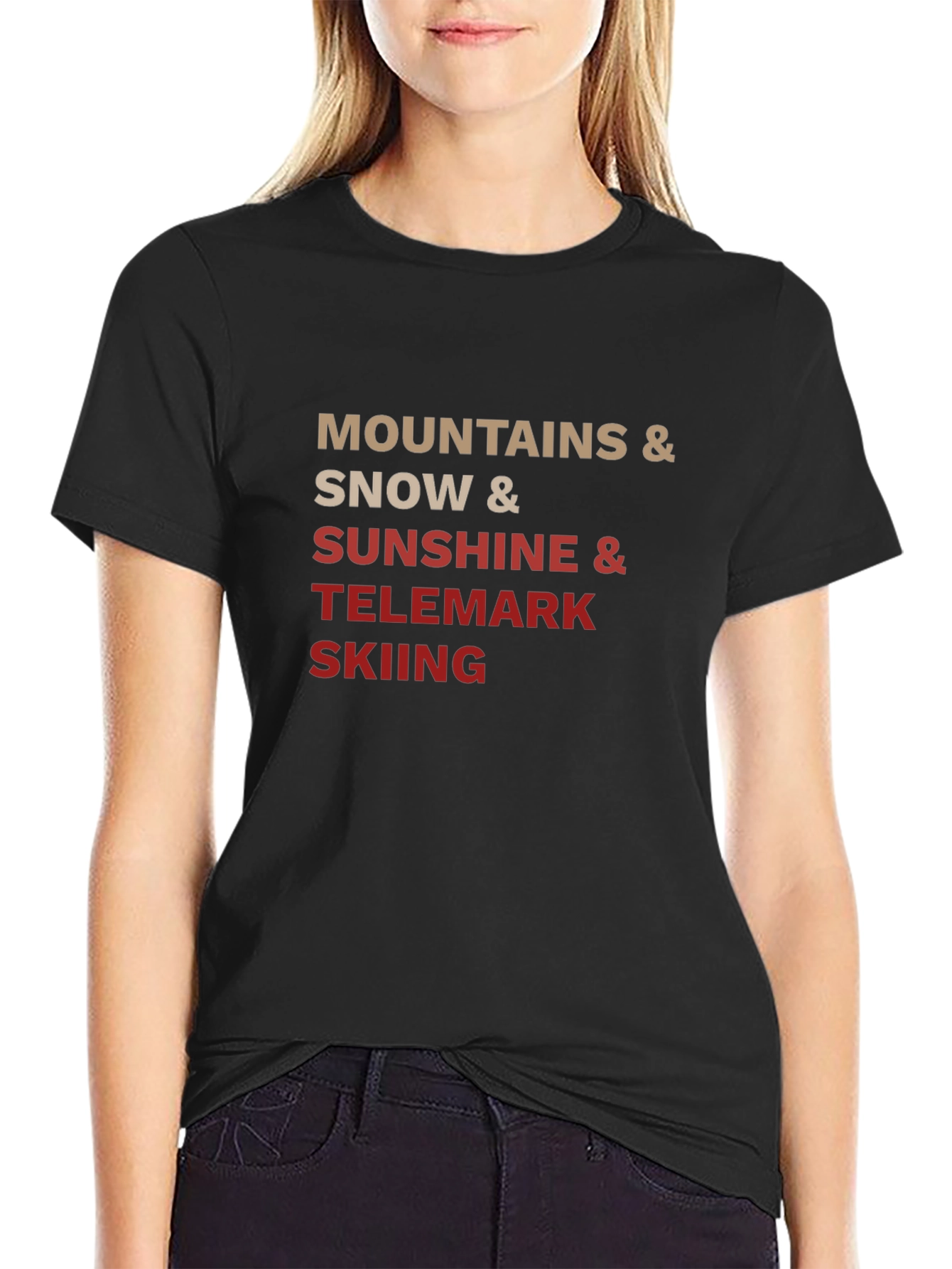 Mountains Snow Sunshine Telemark Skiing Black T-Shirt