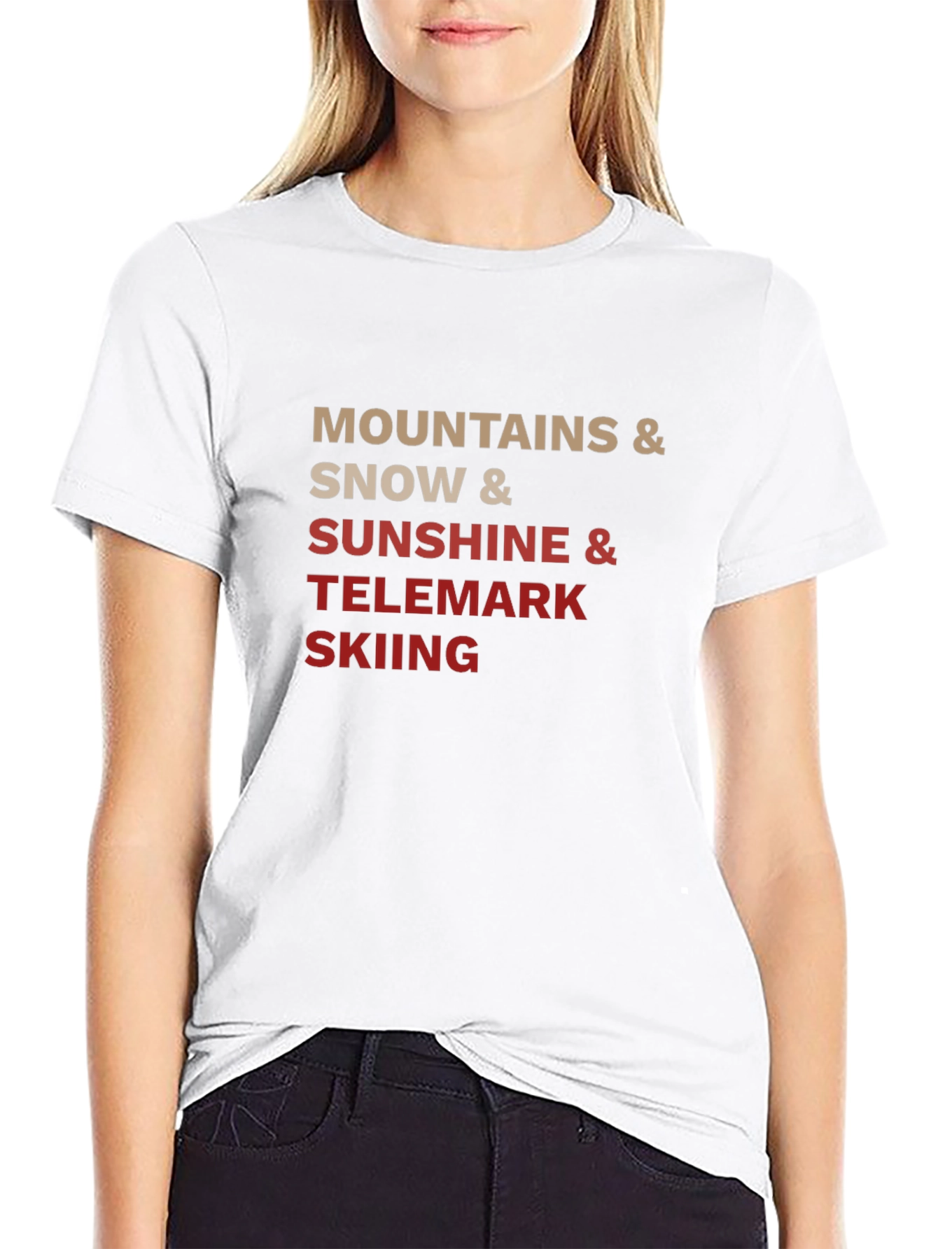Mountains Snow Sunshine Telemark Skiing Black T-Shirt