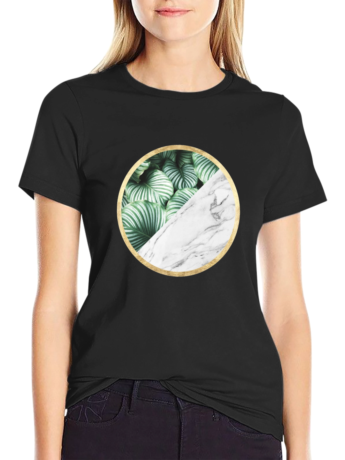 Leaf and Marble Circle Graphic Black T-Shirt