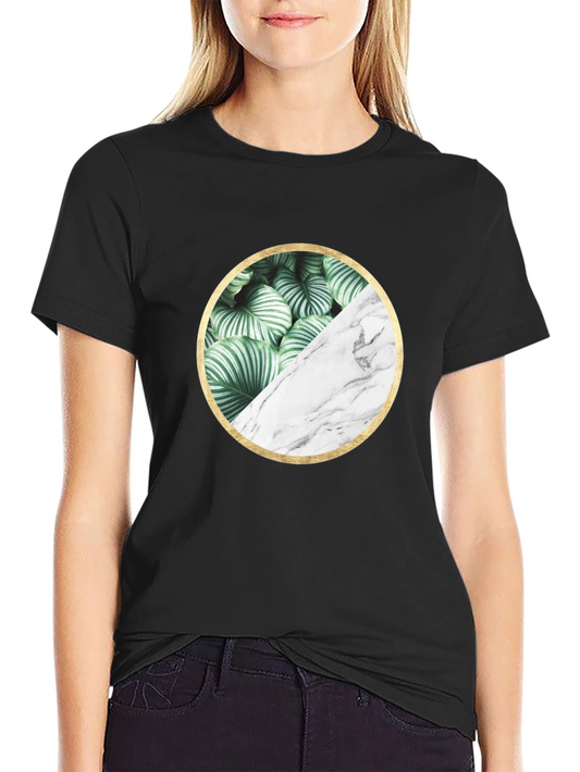 Leaf and Marble Circle Graphic Black T-Shirt