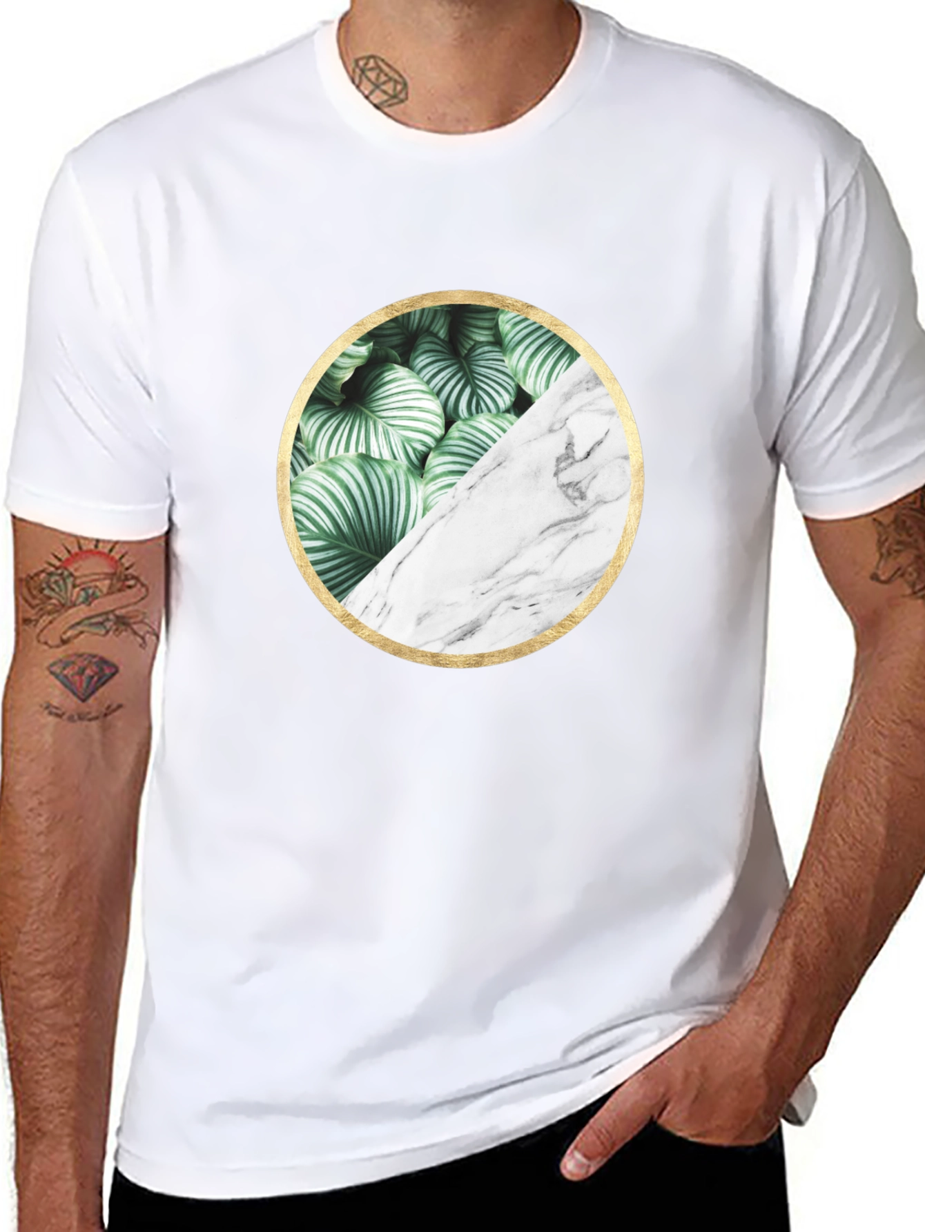 Leaf and Marble Circle Graphic Black T-Shirt