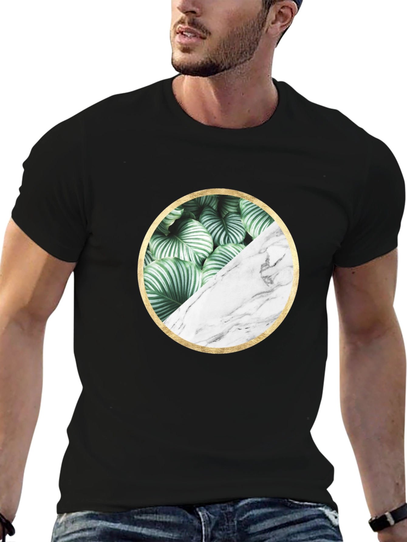 Leaf and Marble Circle Graphic Black T-Shirt