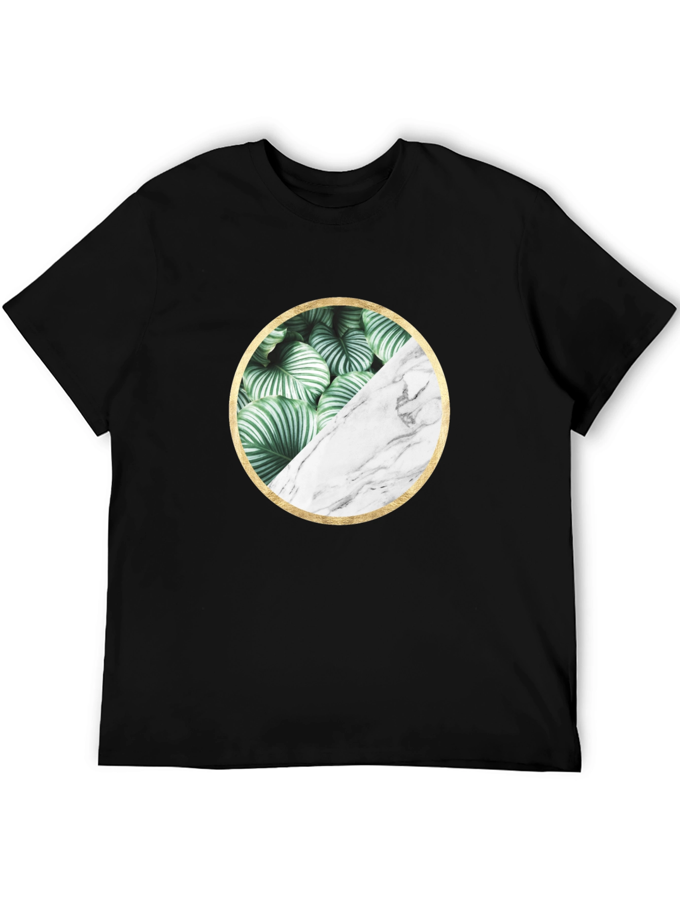 Leaf and Marble Circle Graphic Black T-Shirt
