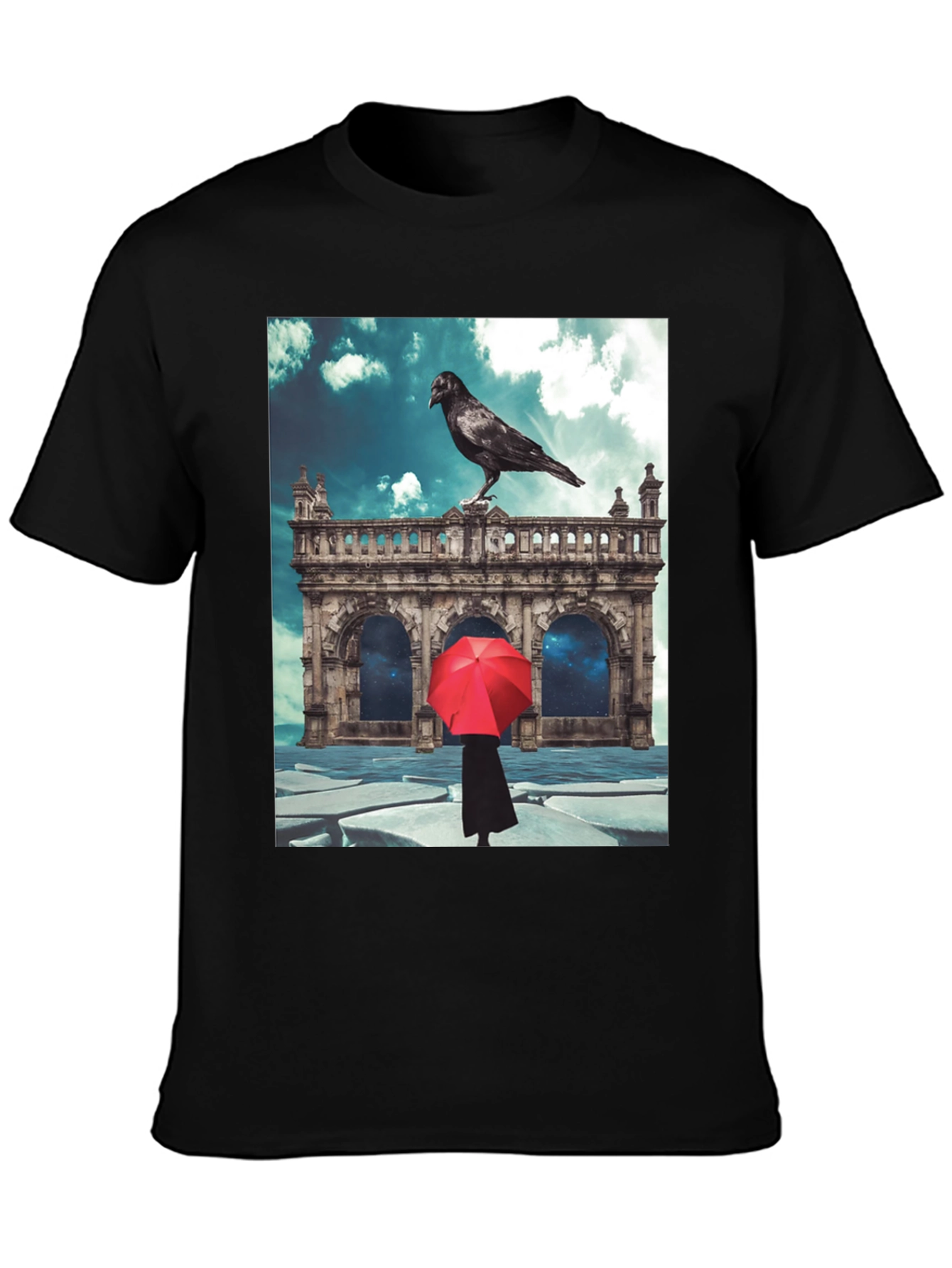 Raven Red Umbrella Black T-Shirt