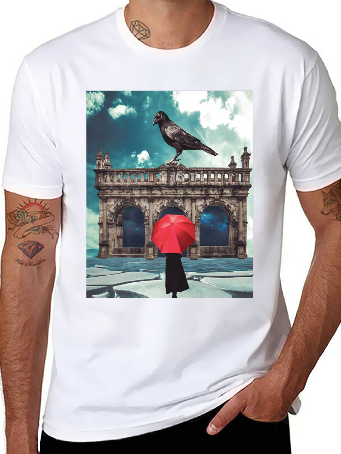 Raven Red Umbrella Black T-Shirt