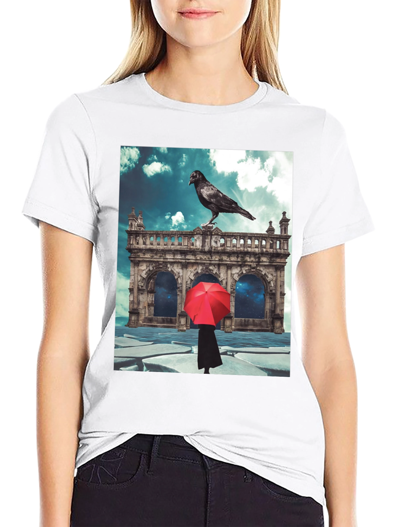Raven Red Umbrella Black T-Shirt