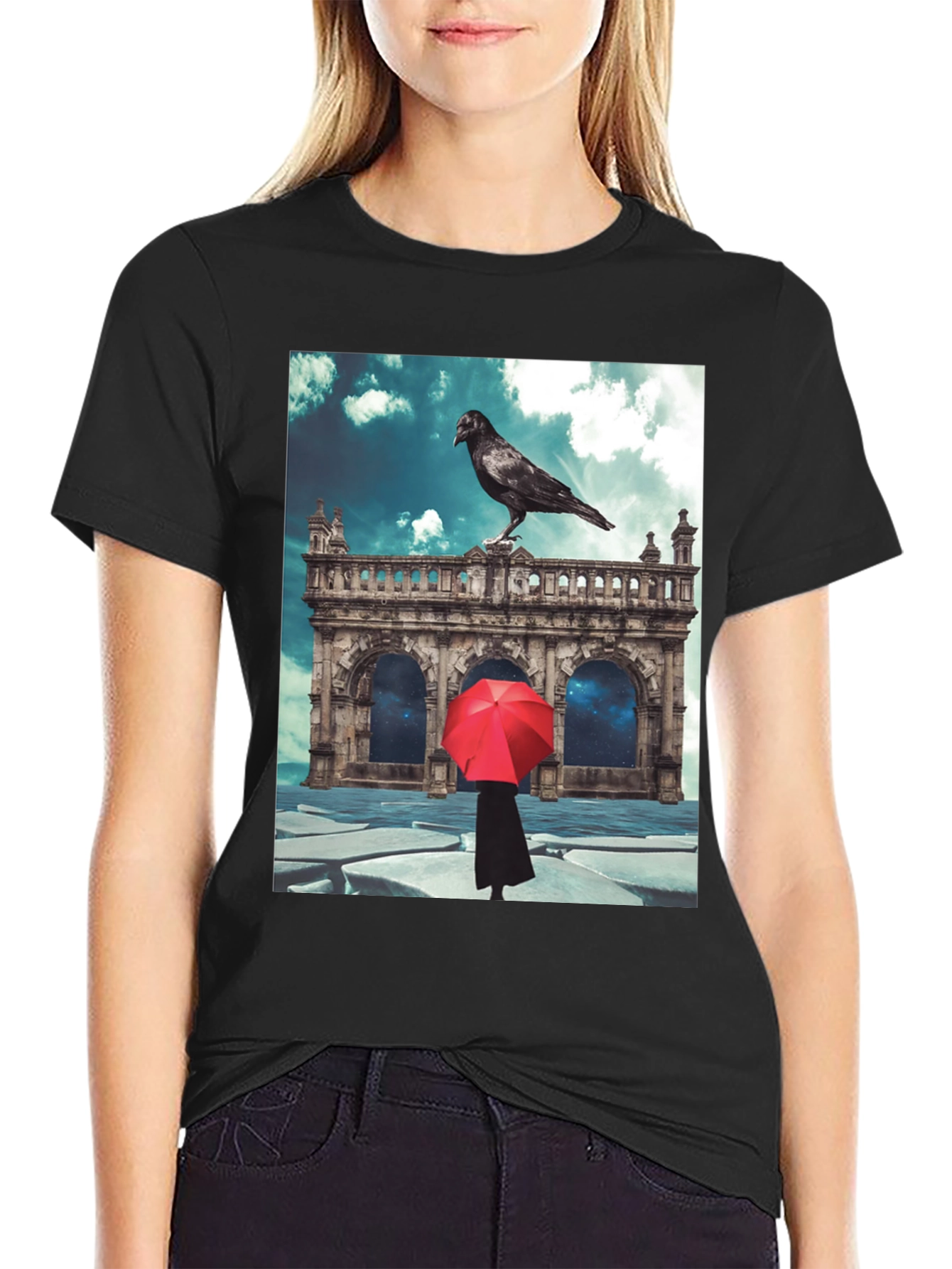Raven Red Umbrella Black T-Shirt