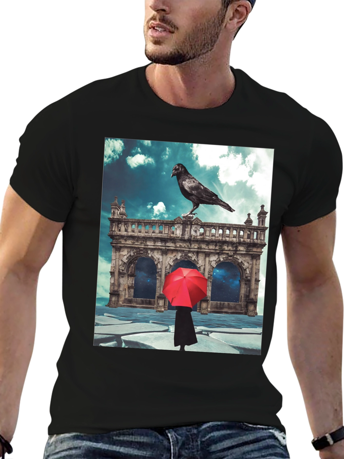 Raven Red Umbrella Black T-Shirt