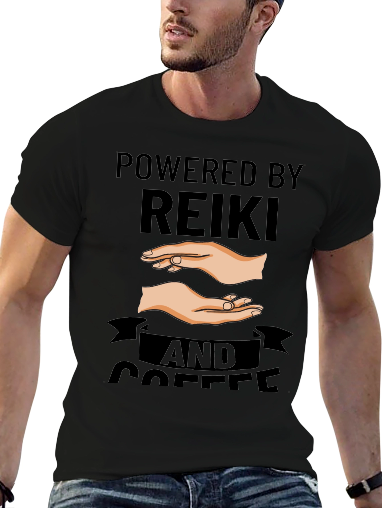 Powered by Reiki and Coffee Black T-Shirt