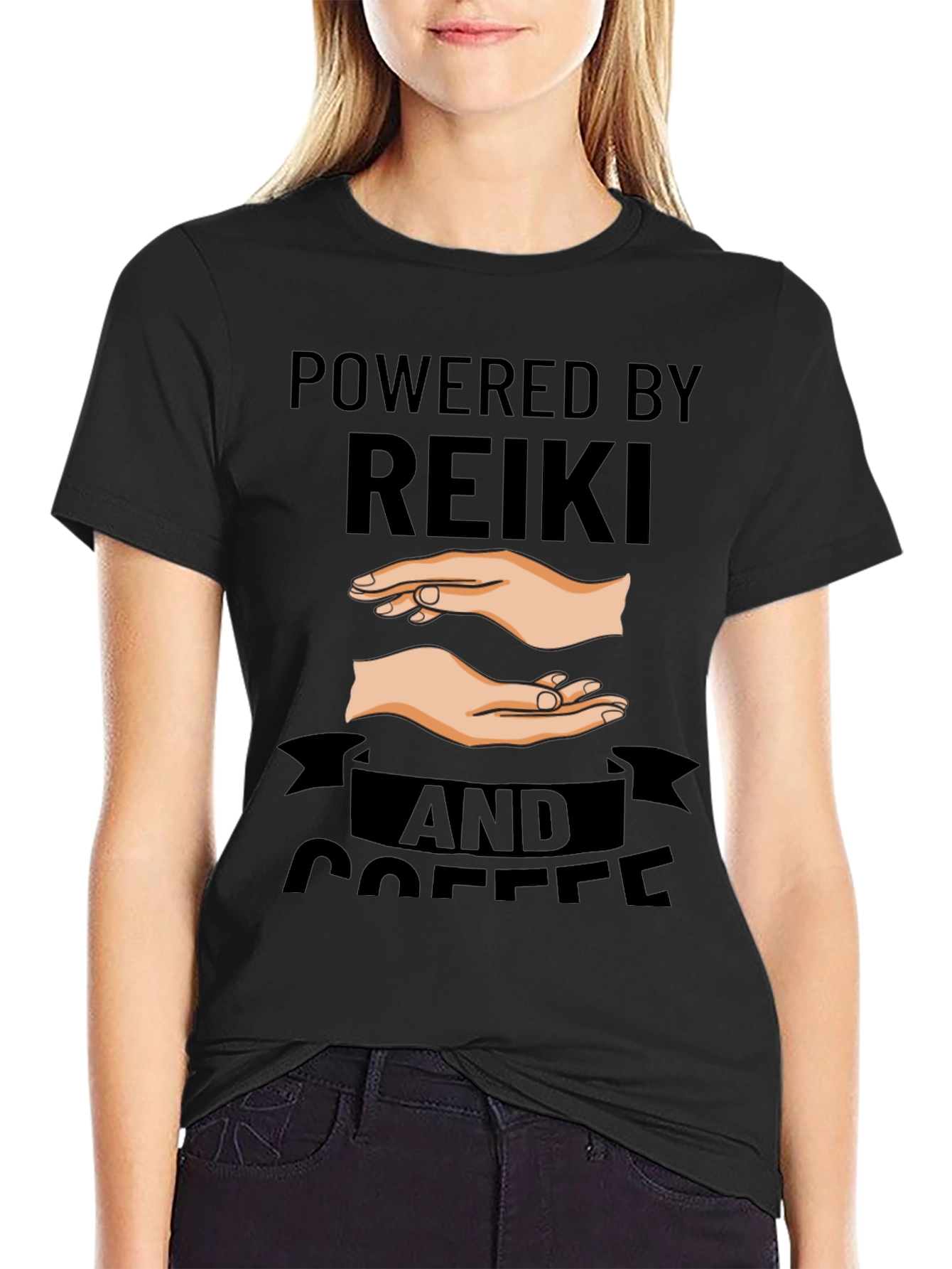 Powered by Reiki and Coffee Black T-Shirt