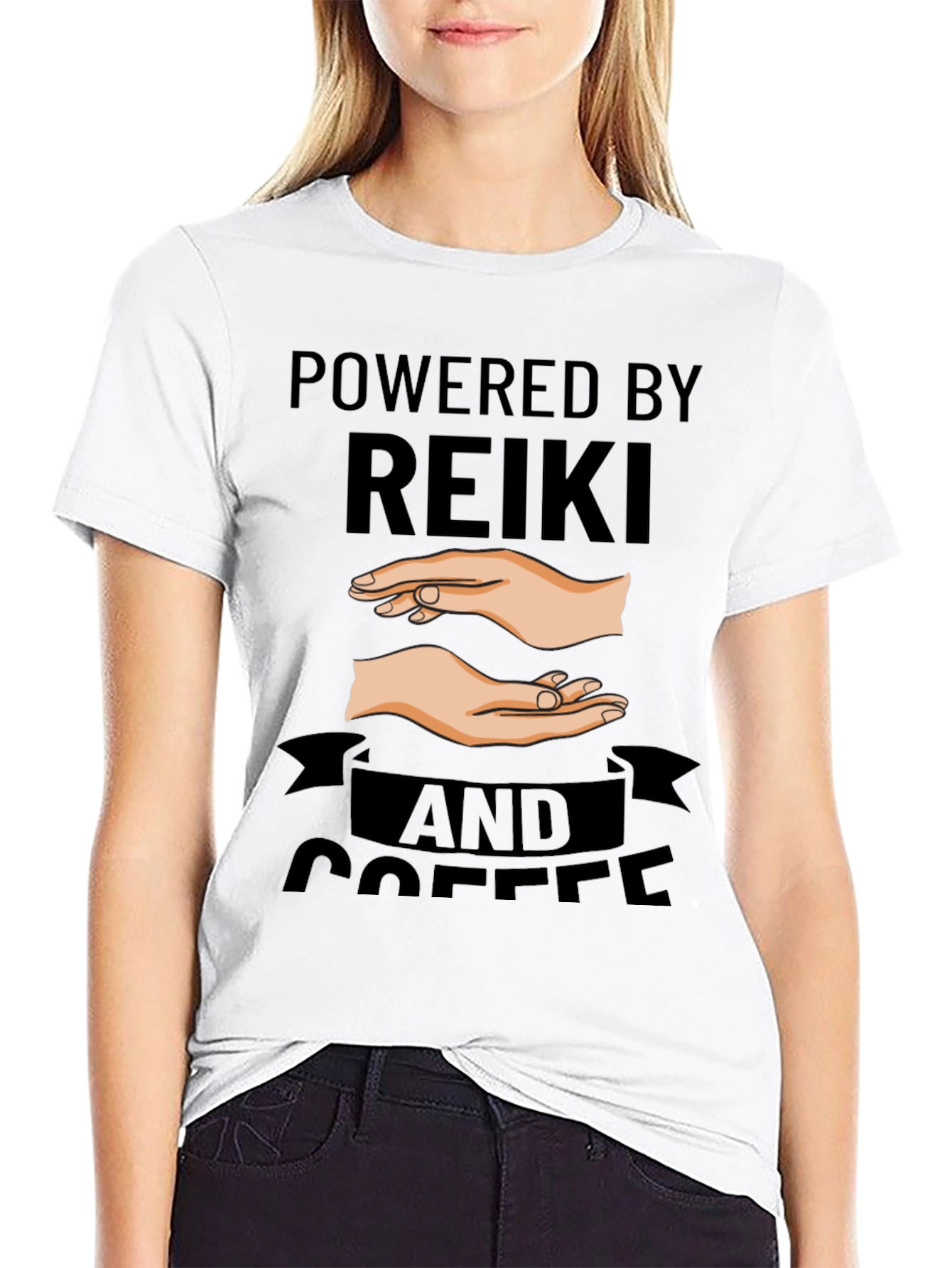 Powered by Reiki and Coffee Black T-Shirt