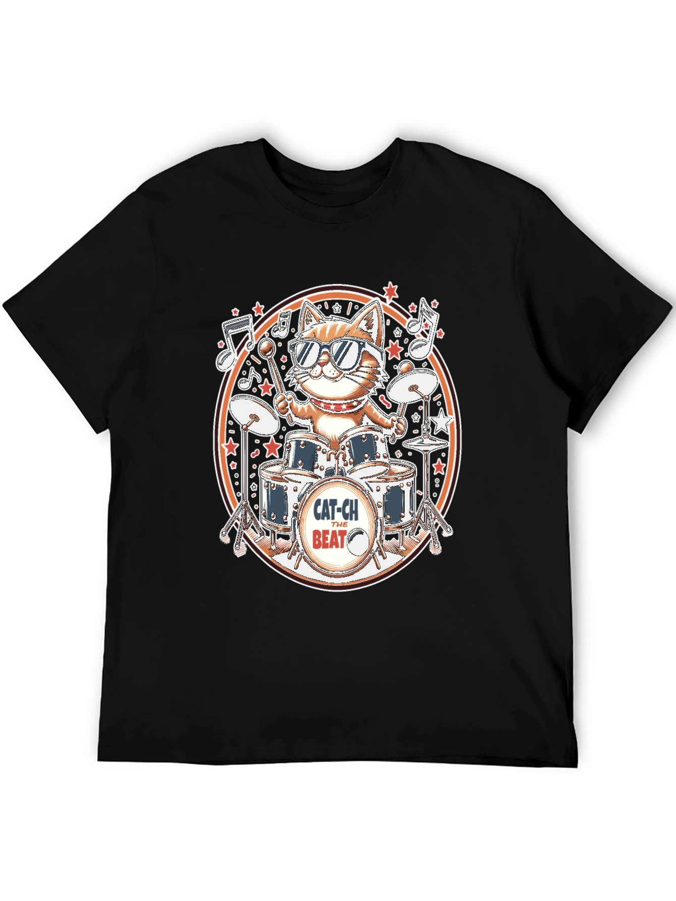Cool Cat Drummer Graphic Tee - Black Cotton T-Shirt