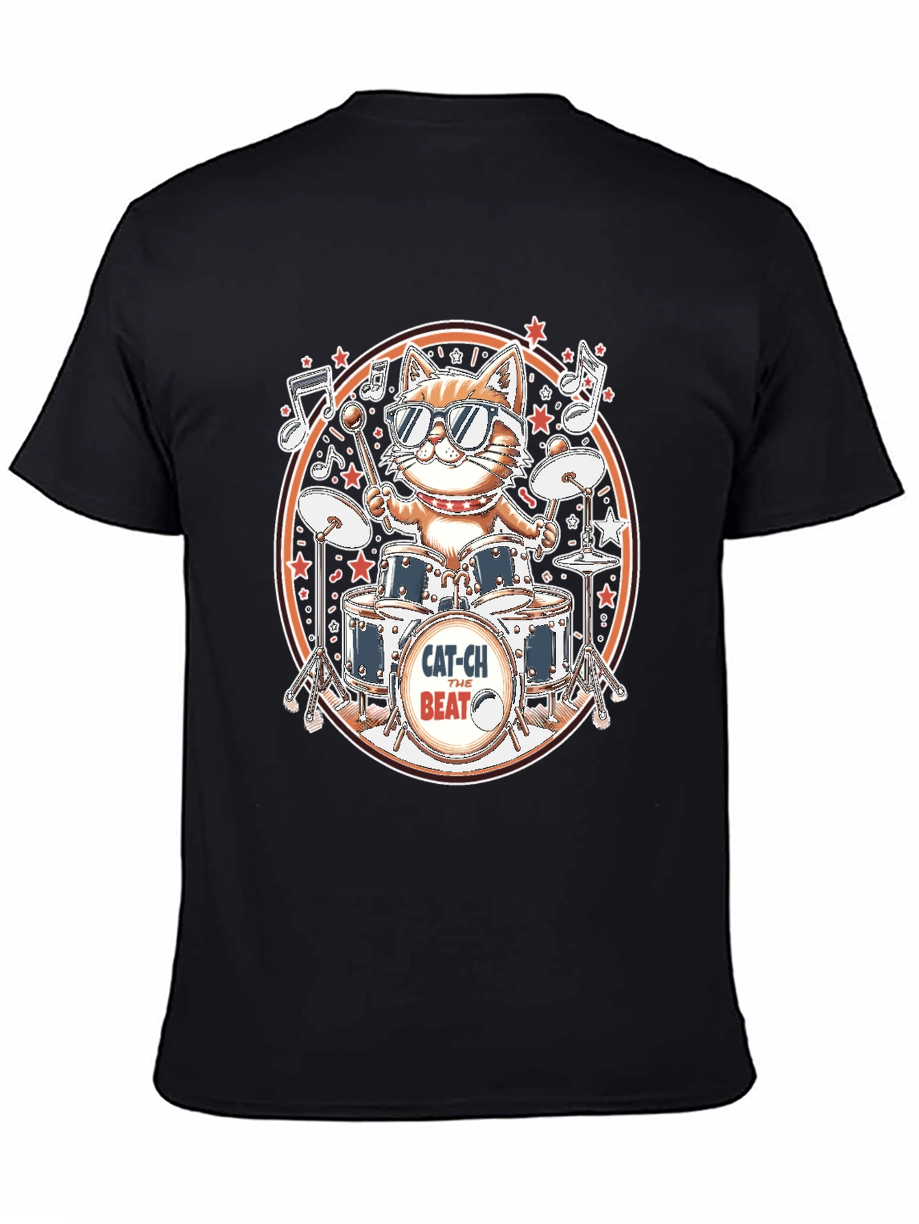 Cool Cat Drummer Graphic Tee - Black Cotton T-Shirt