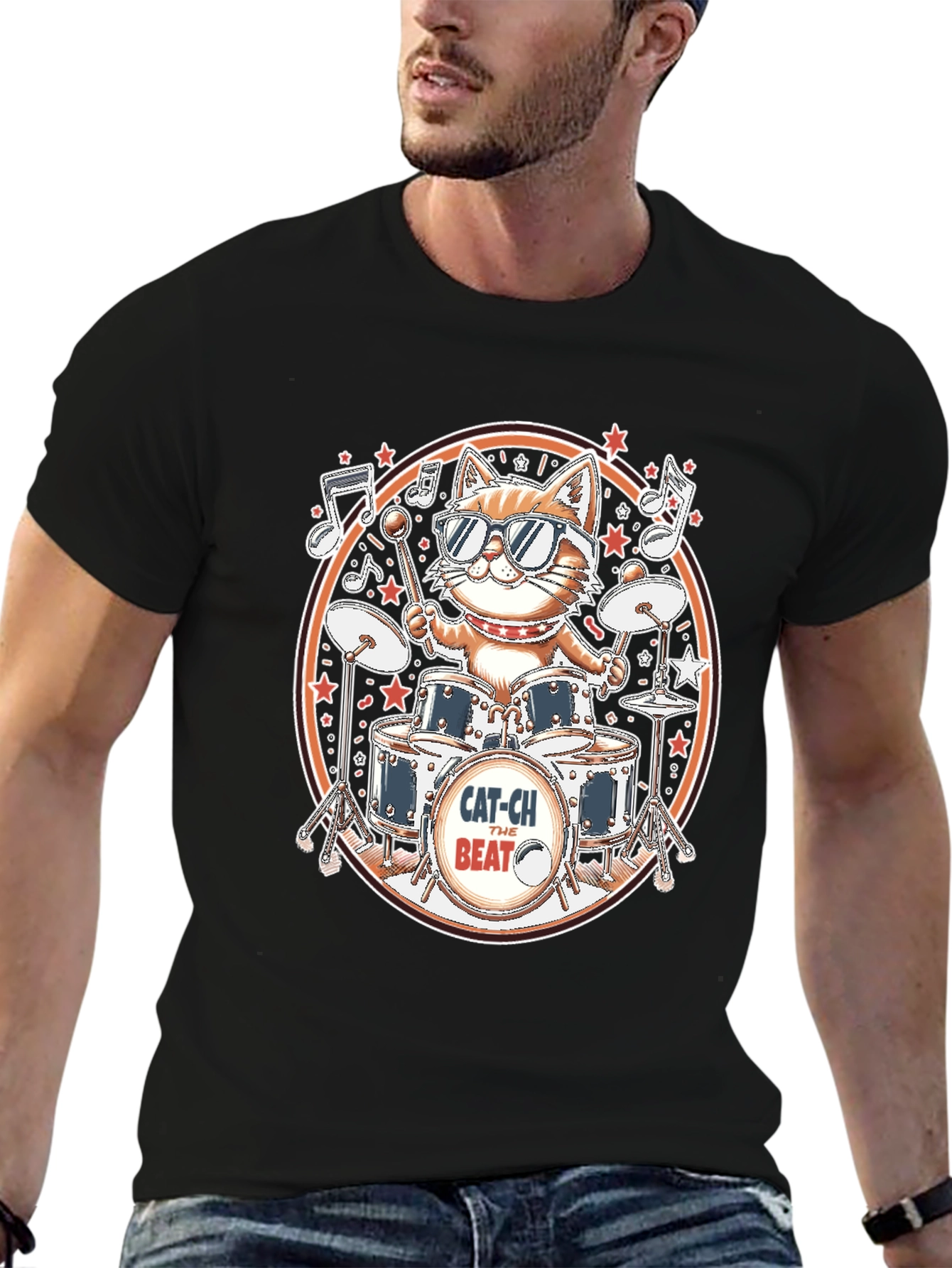 Cool Cat Drummer Graphic Tee - Black Cotton T-Shirt