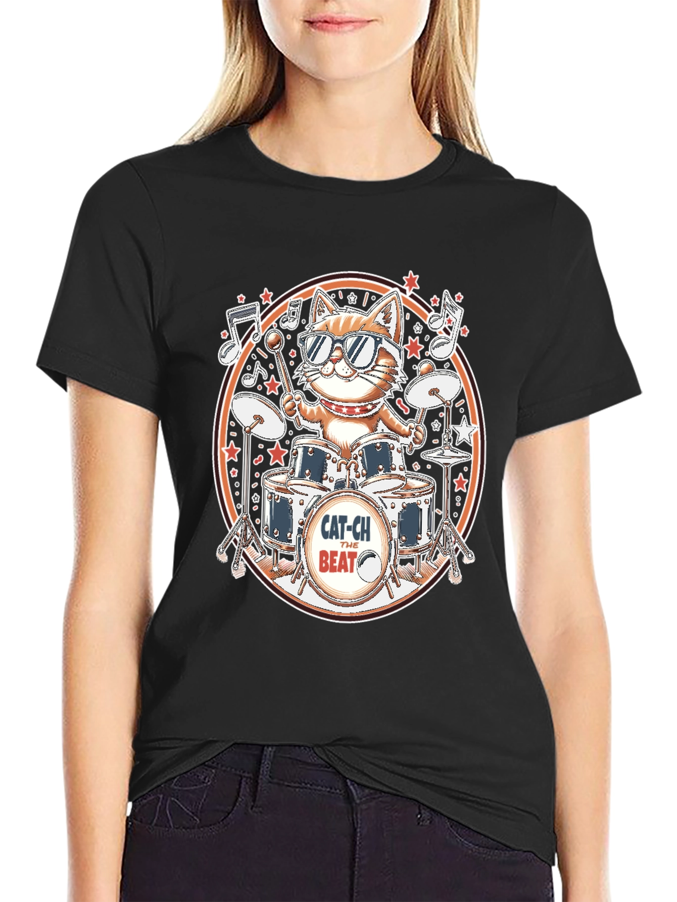 Cool Cat Drummer Graphic Tee - Black Cotton T-Shirt