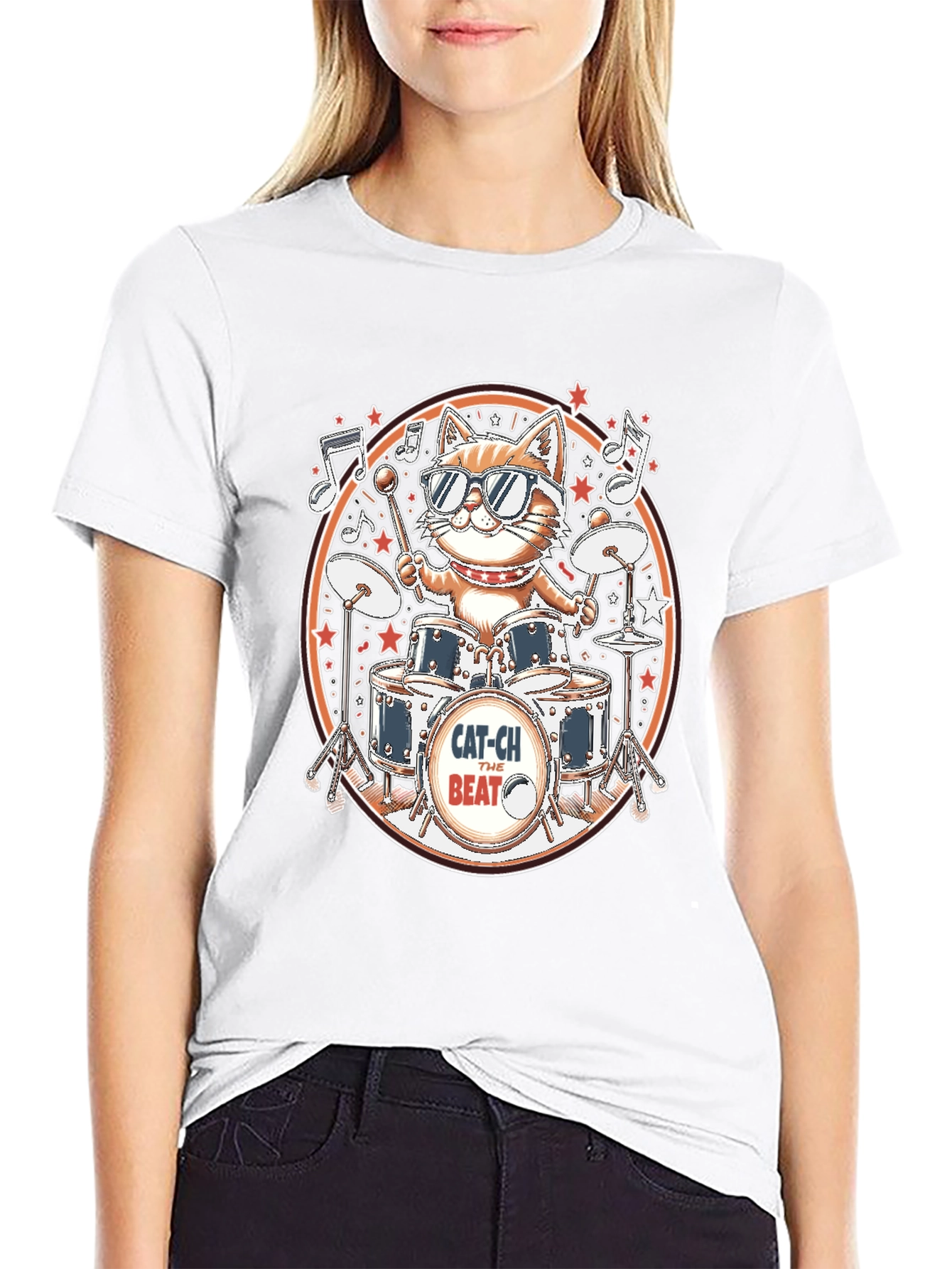 Cool Cat Drummer Graphic Tee - Black Cotton T-Shirt