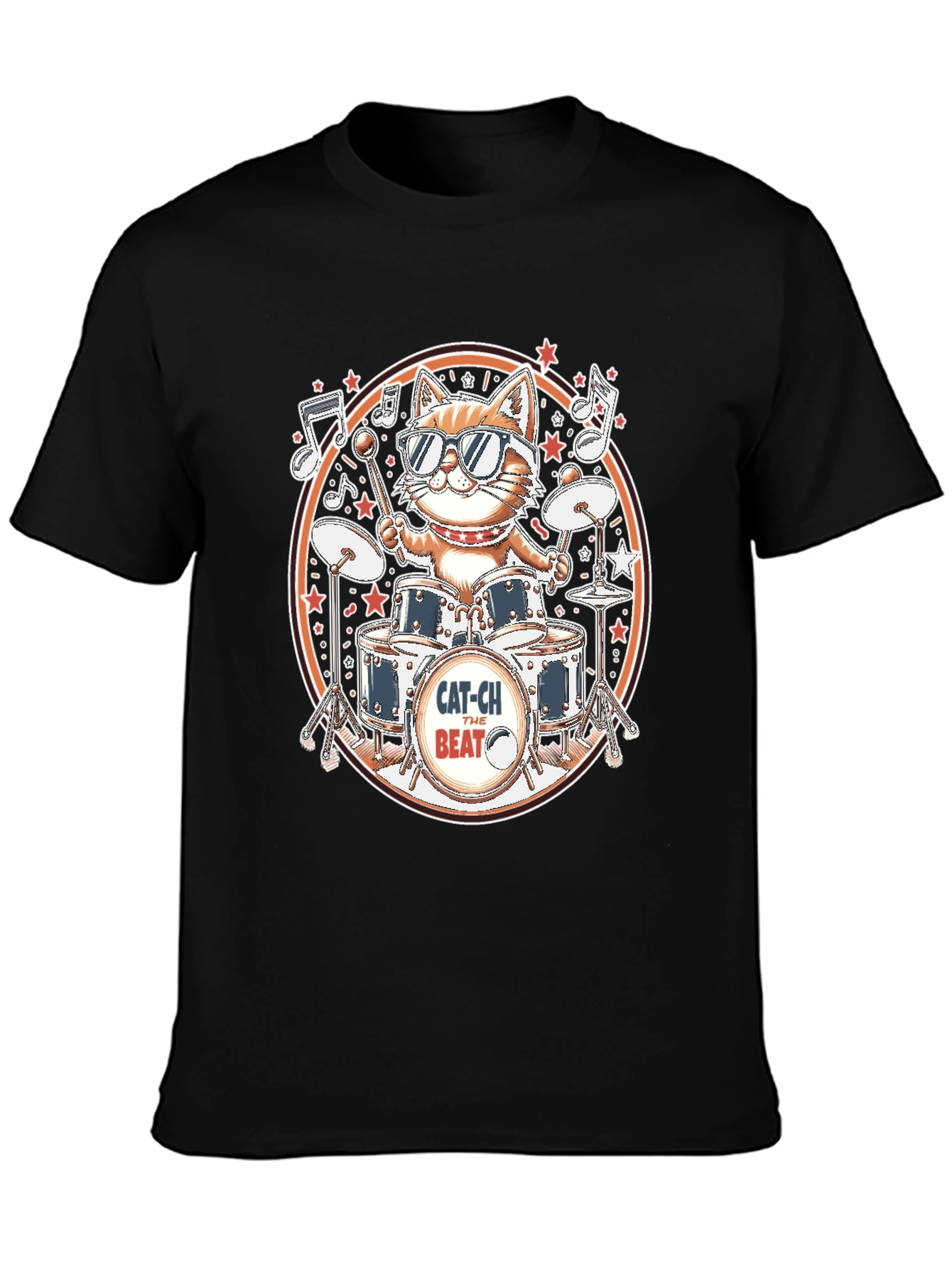 Cool Cat Drummer Graphic Tee - Black Cotton T-Shirt