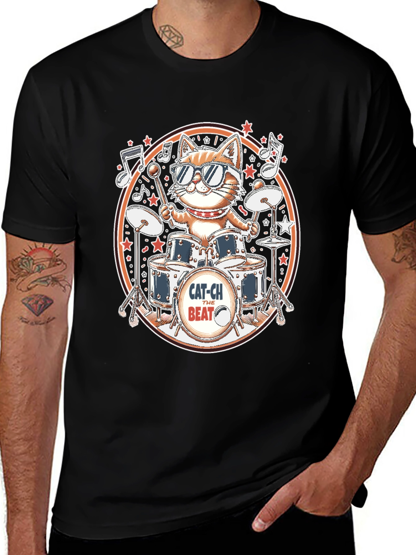 Cool Cat Drummer Graphic Tee - Black Cotton T-Shirt