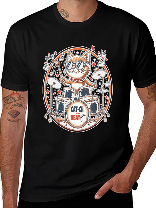 Cool Cat Drummer Graphic Tee - Black Cotton T-Shirt