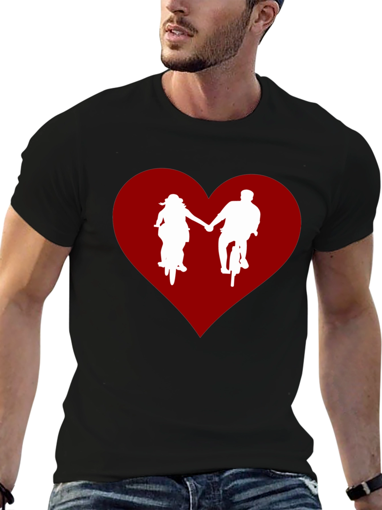 Couple Biking in Heart Black T-Shirt