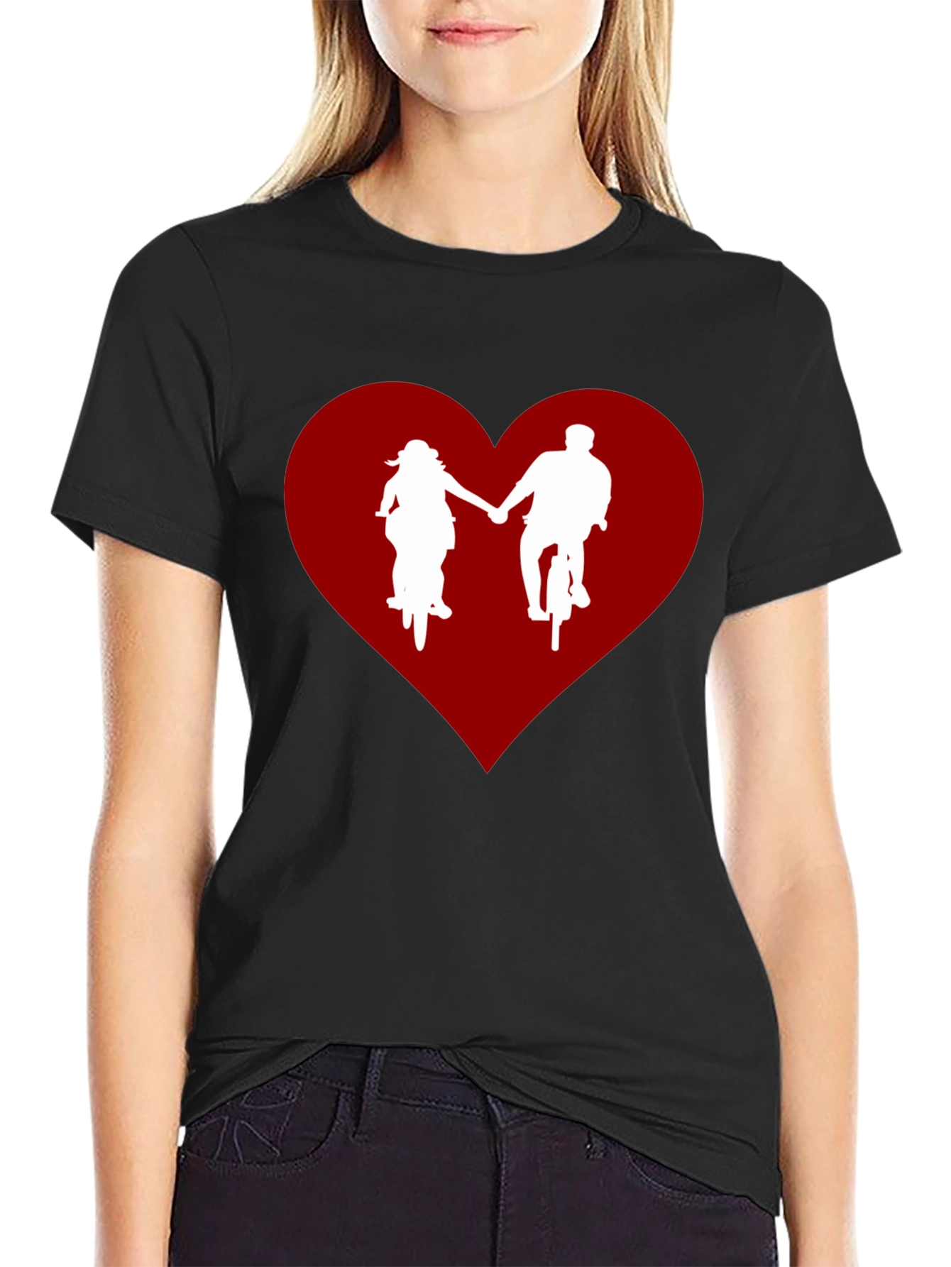 Couple Biking in Heart Black T-Shirt