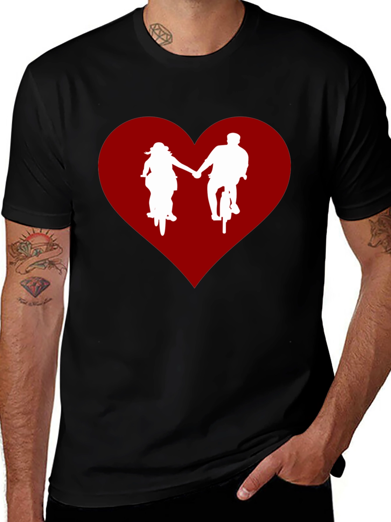 Couple Biking in Heart Black T-Shirt