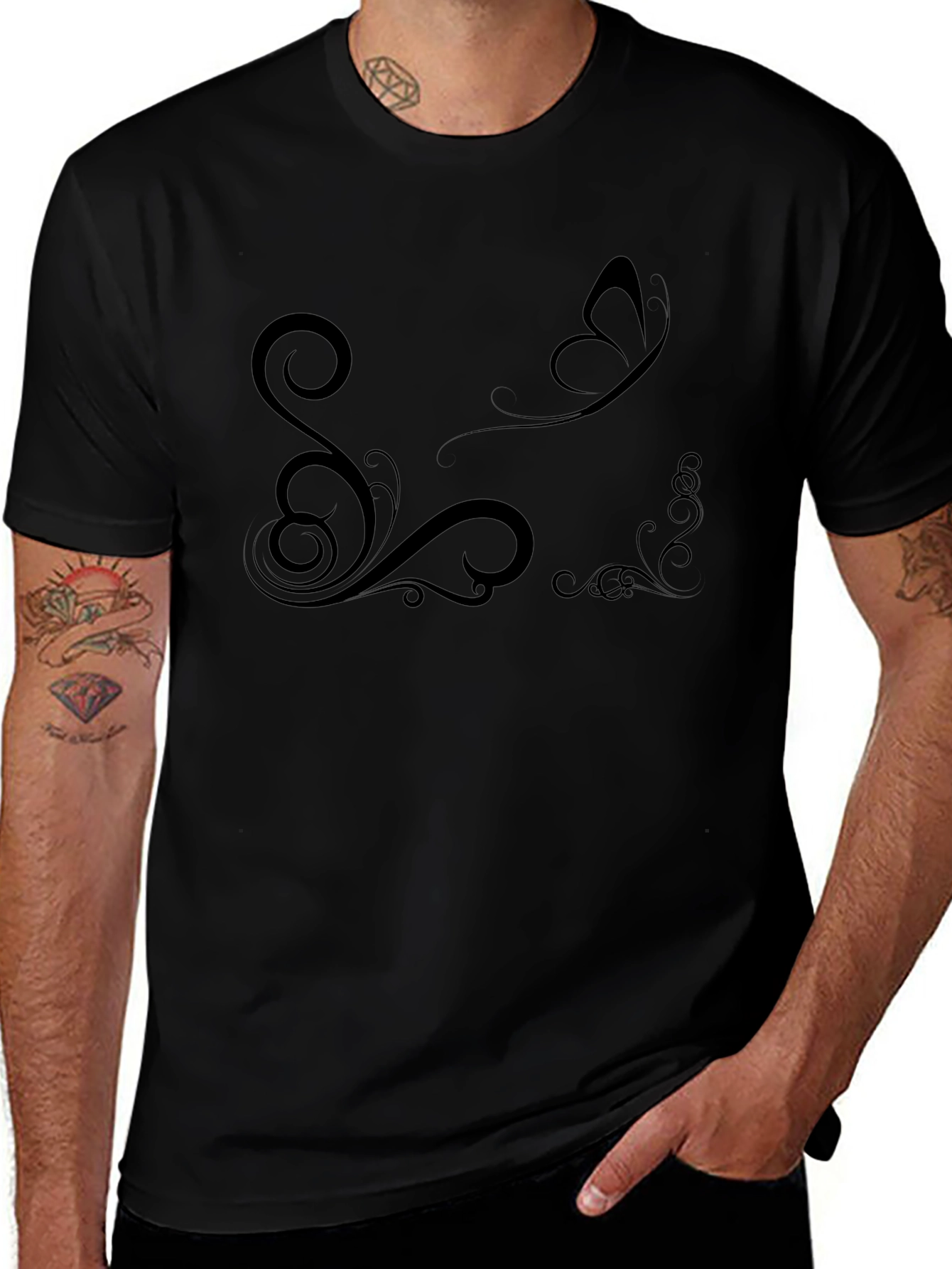 Elegant Black T-Shirt with Butterfly and Floral Design