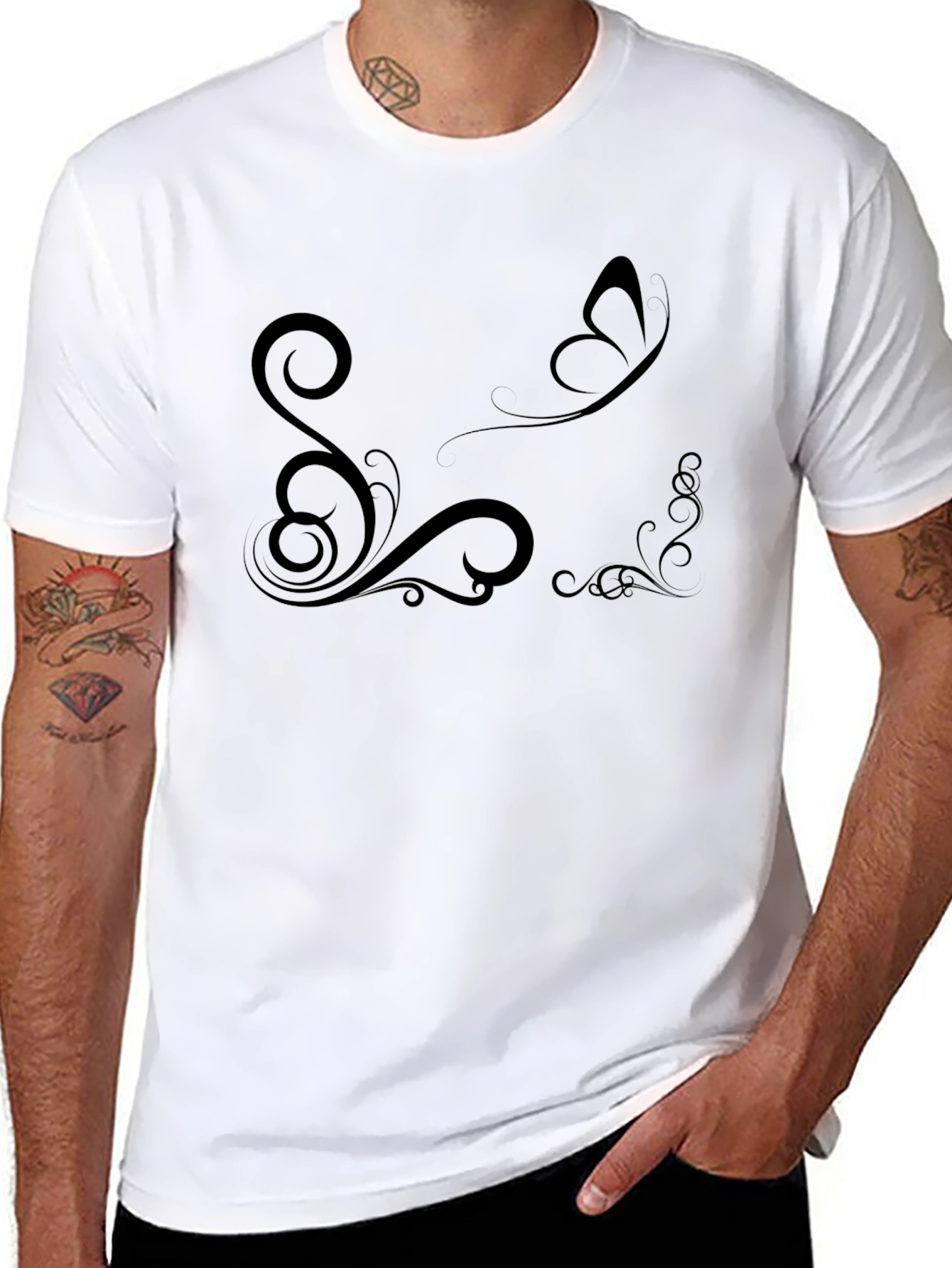 Elegant Black T-Shirt with Butterfly and Floral Design