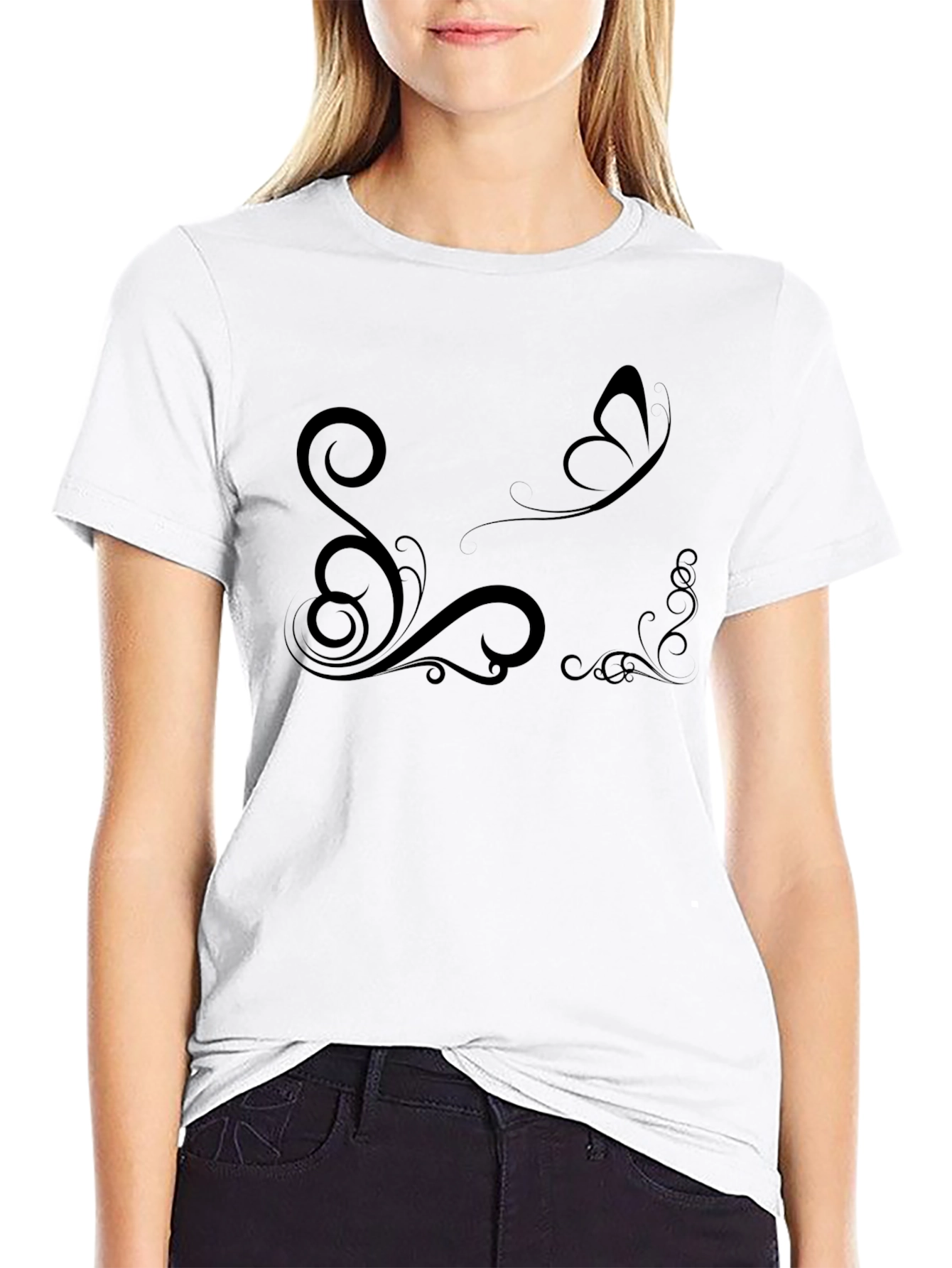 Elegant Black T-Shirt with Butterfly and Floral Design
