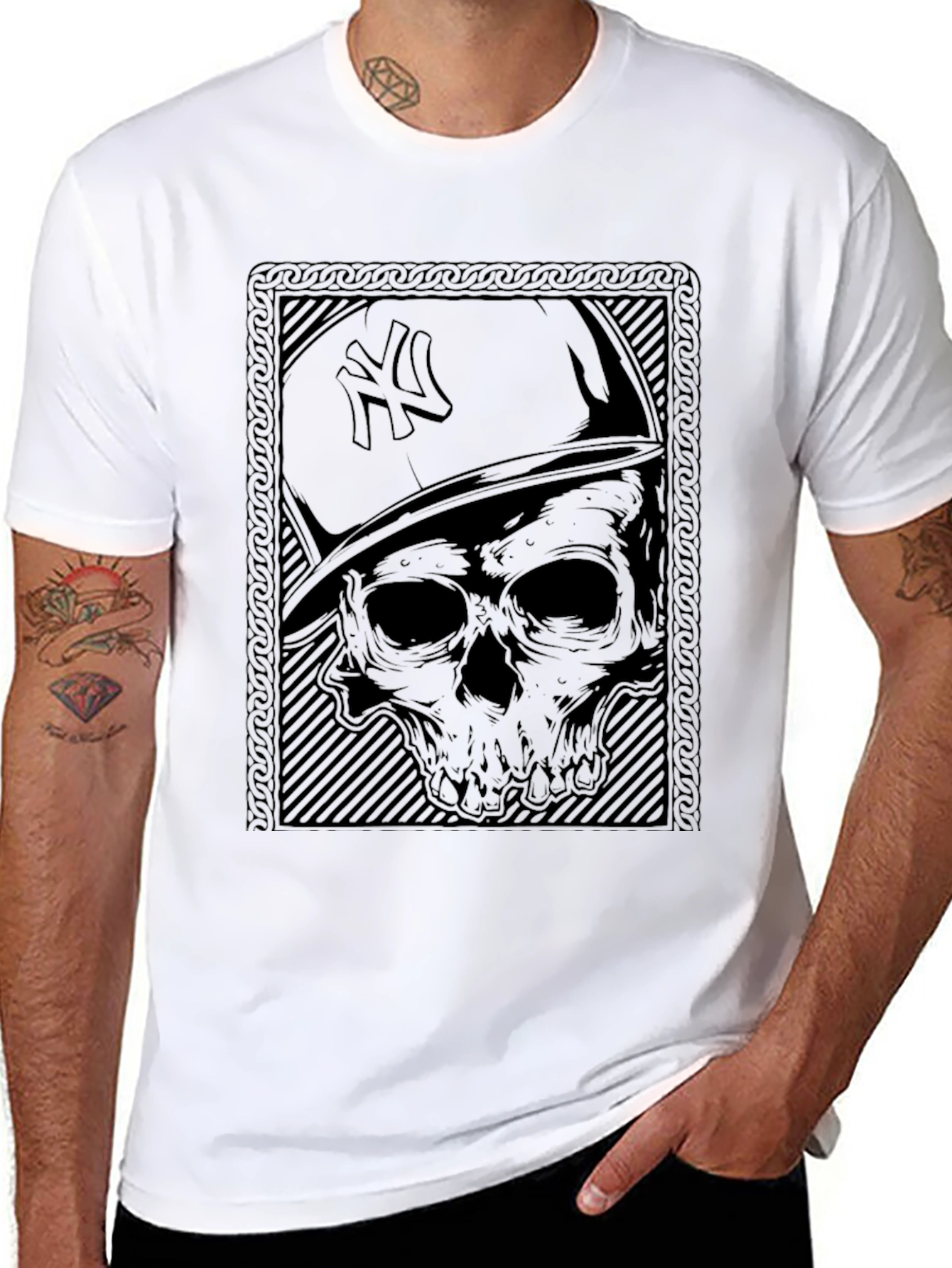 Skull & NY Hat Graphic T-Shirt - Black
