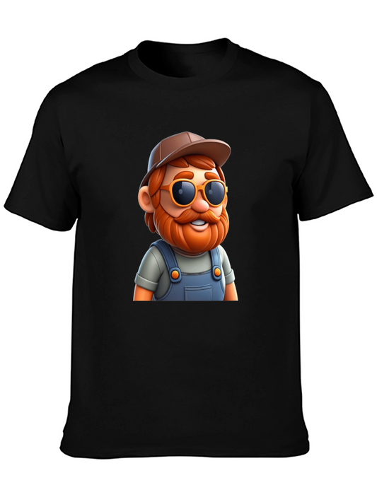 Cartoon Farmer Graphic Tee - Black Cotton Blend
