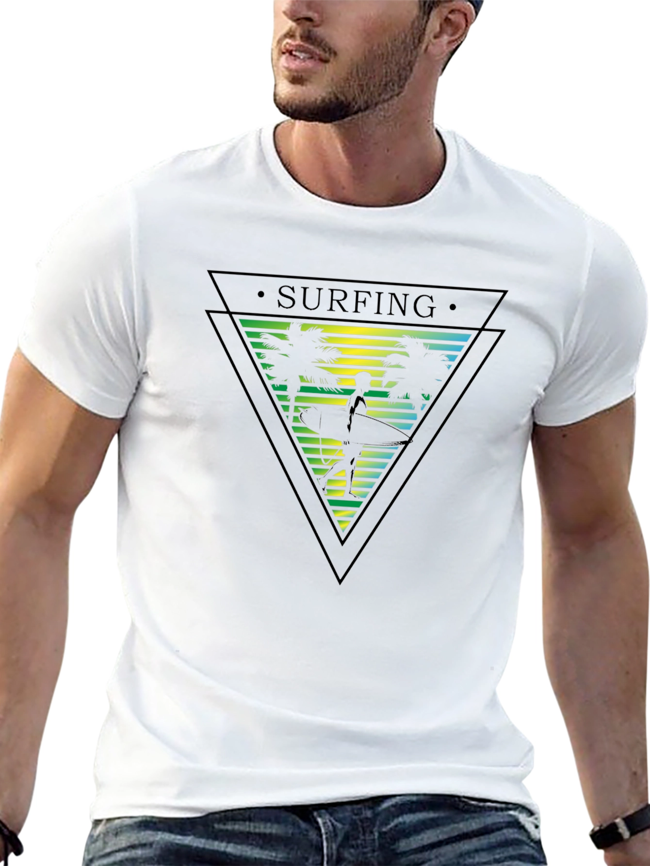 Surfing Palm Tree Graphic Mens T-Shirt
