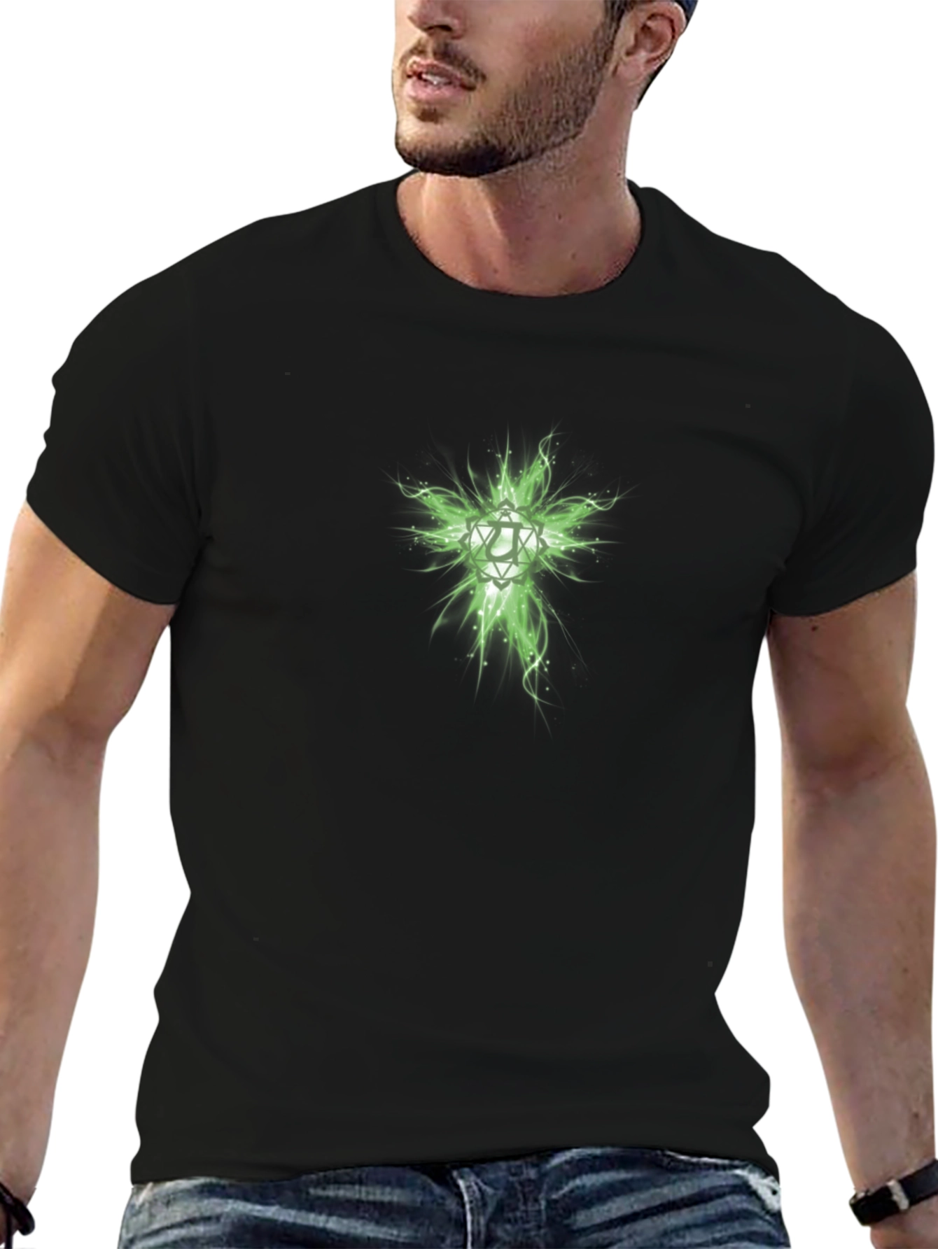 Mens Black T-Shirt with Green Geometric Design