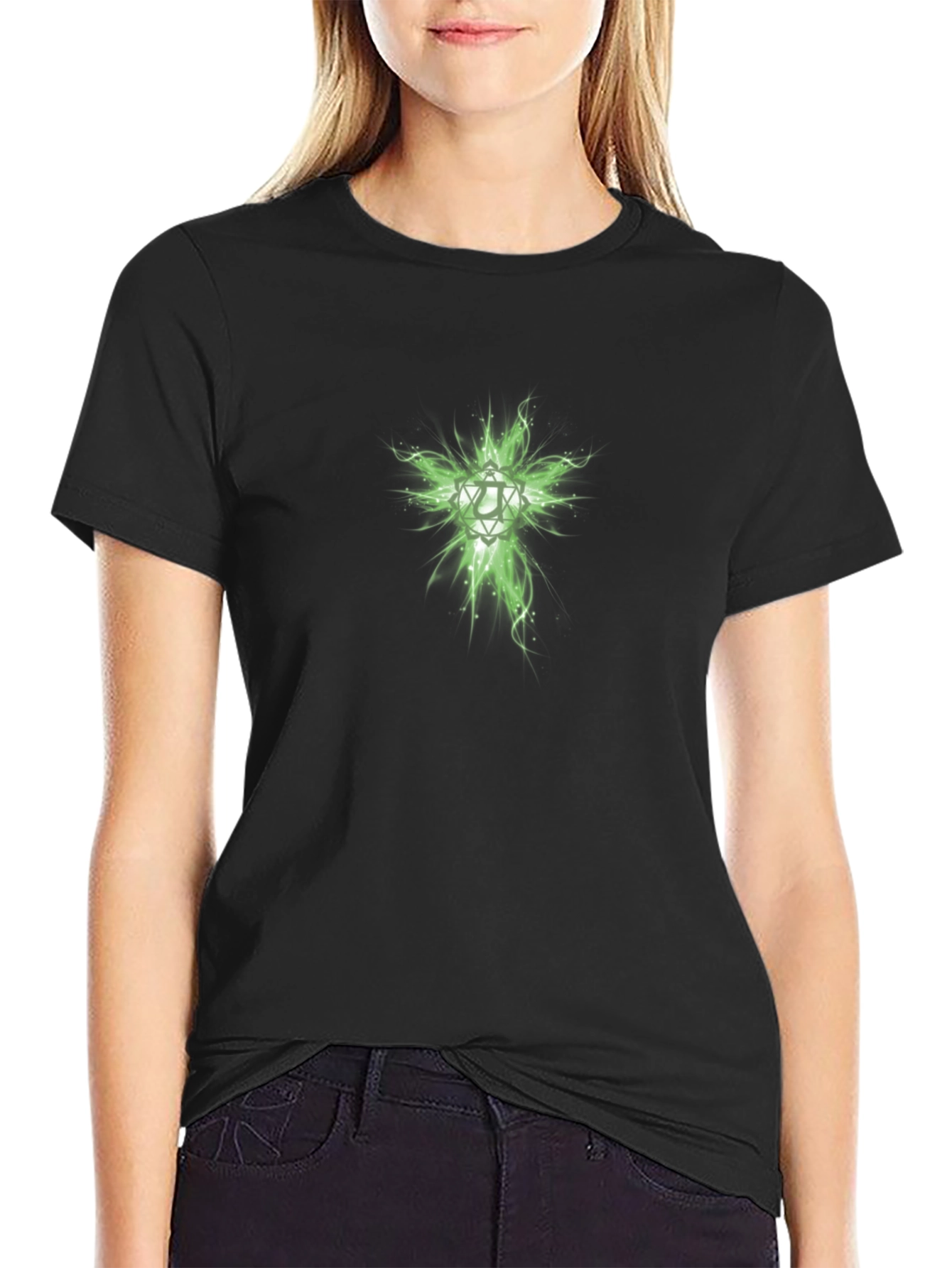 Mens Black T-Shirt with Green Geometric Design