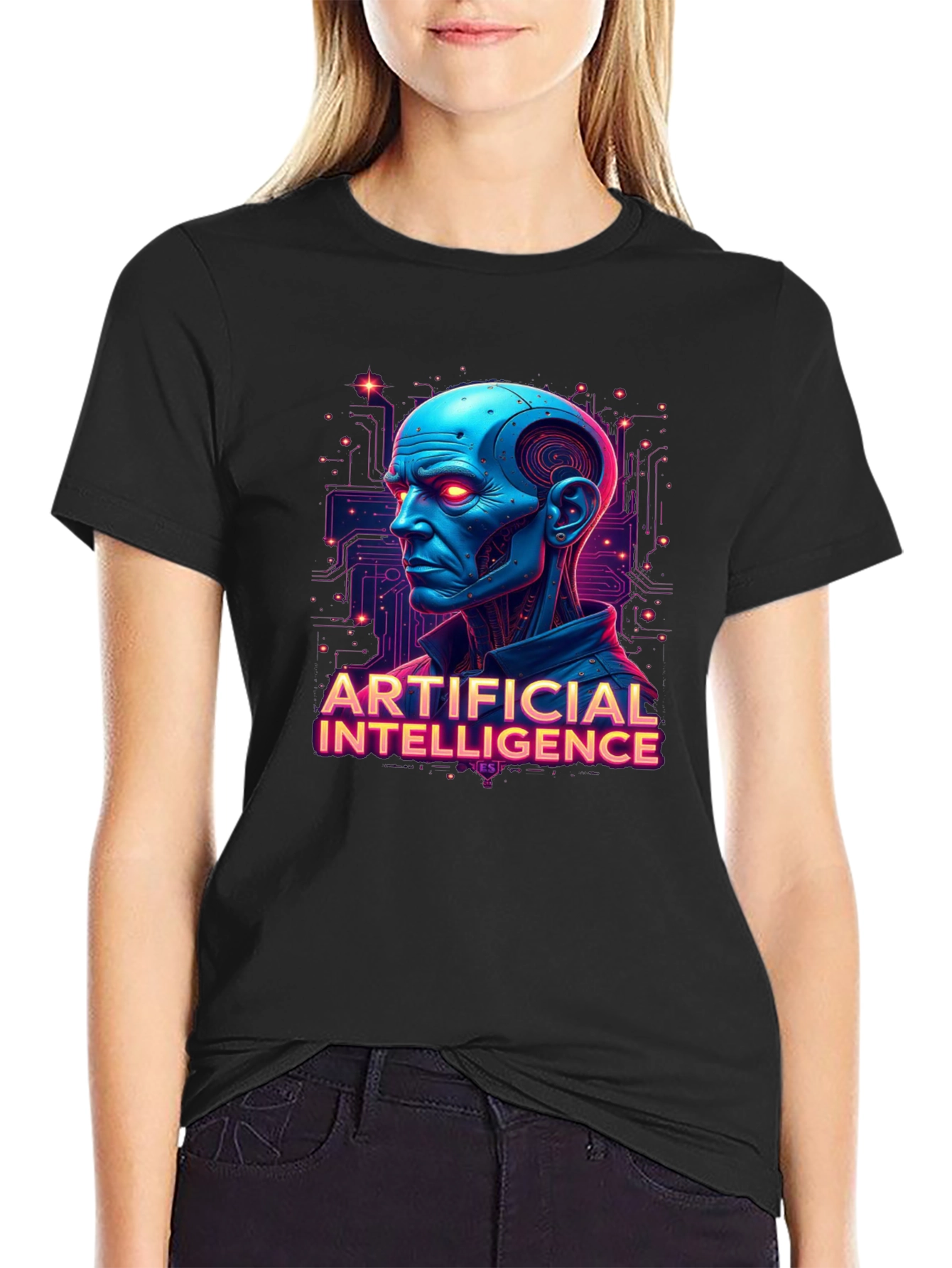 AI Robot Head Graphic Tee - Black T-Shirt