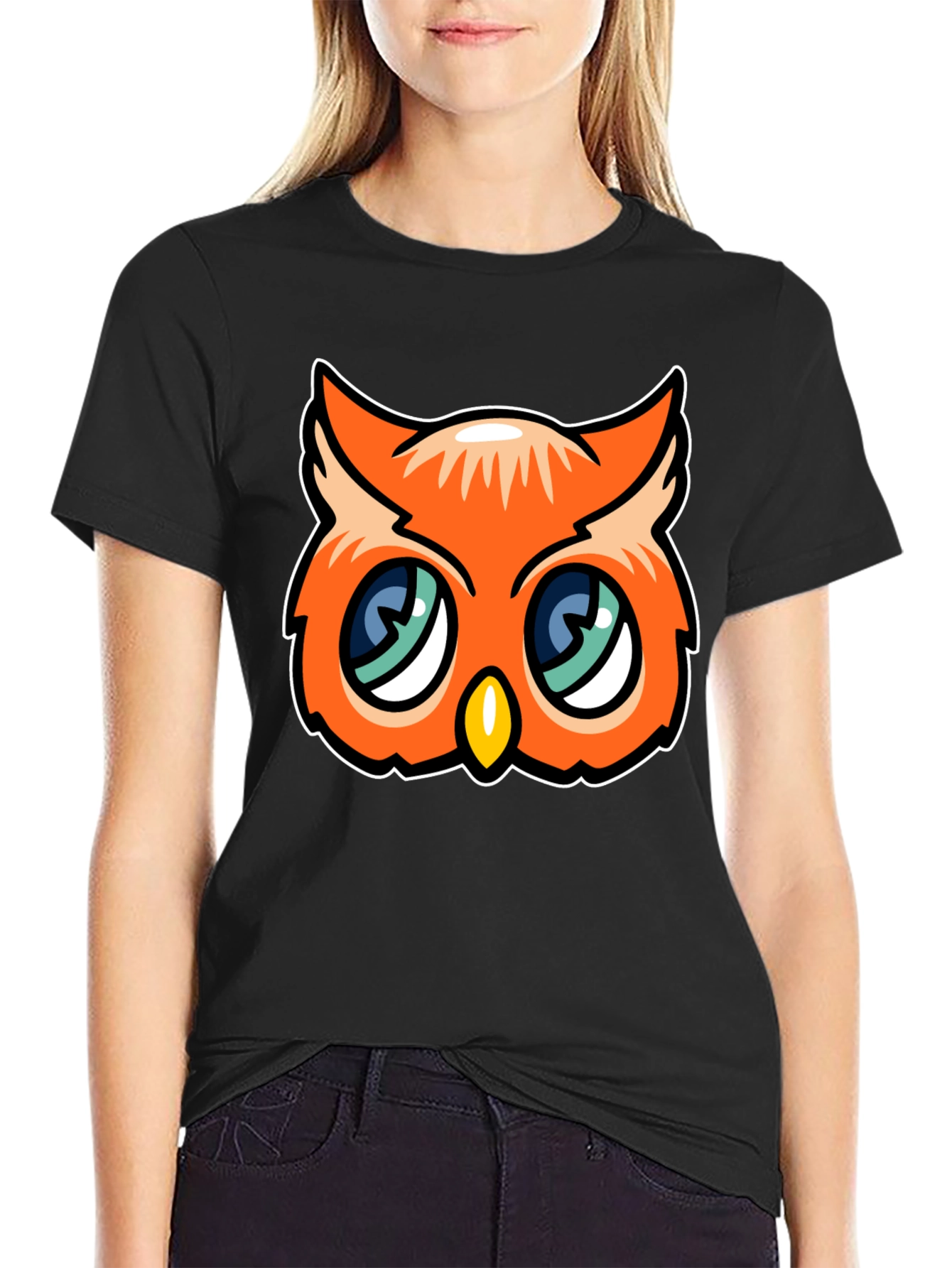 Cute Cartoon Owl Graphic Tee - Black