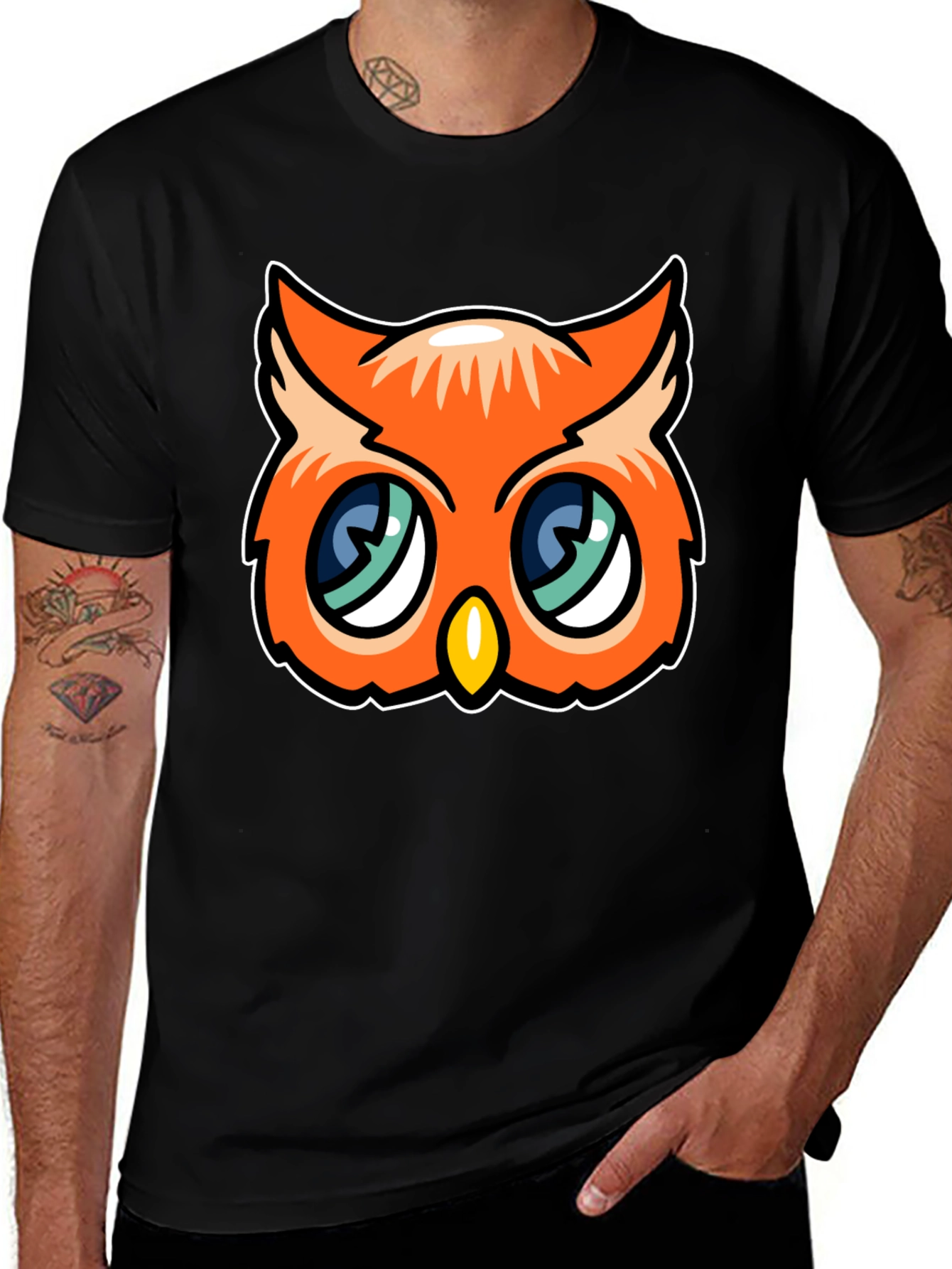 Cute Cartoon Owl Graphic Tee - Black