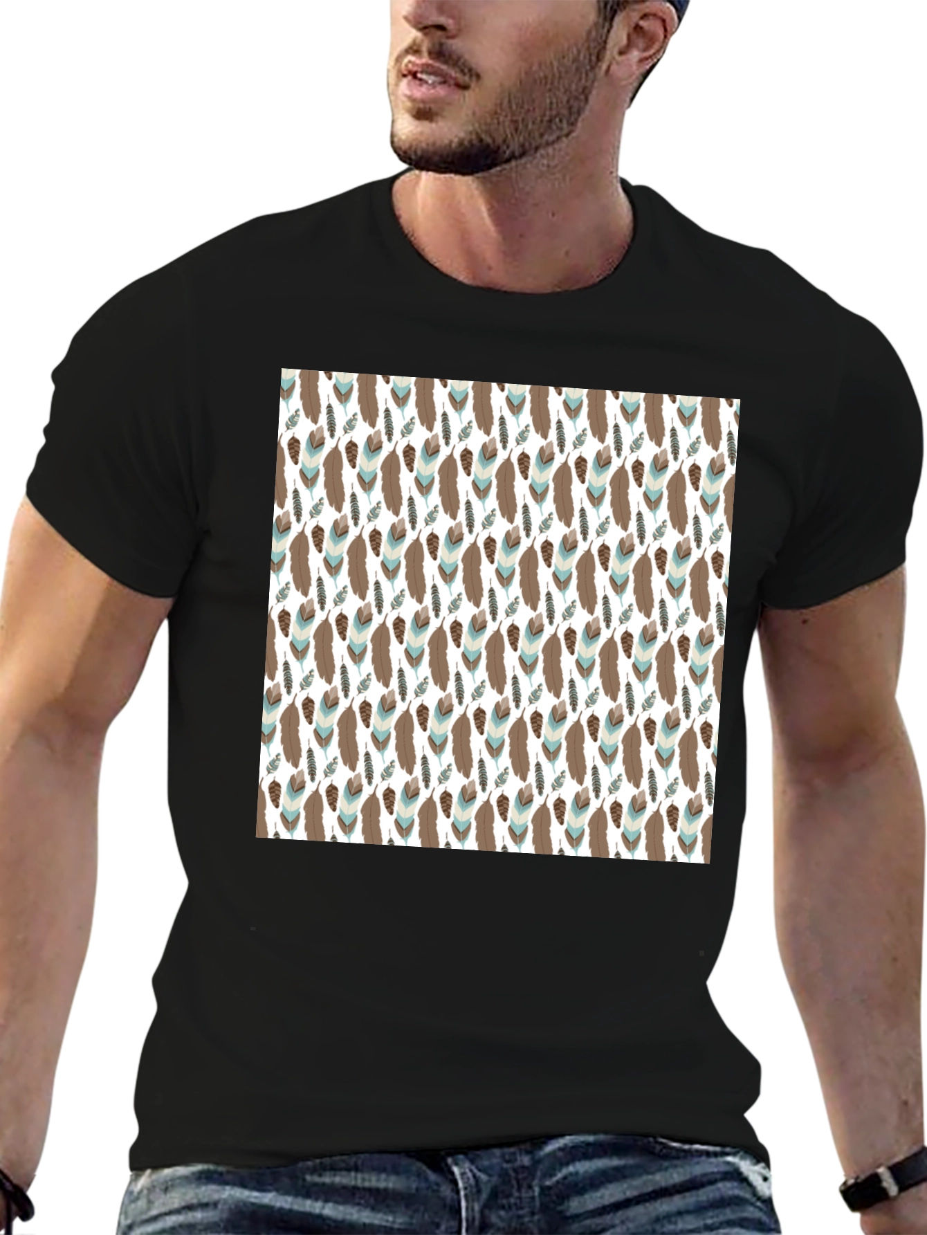 Feather Pattern T-Shirt - Black