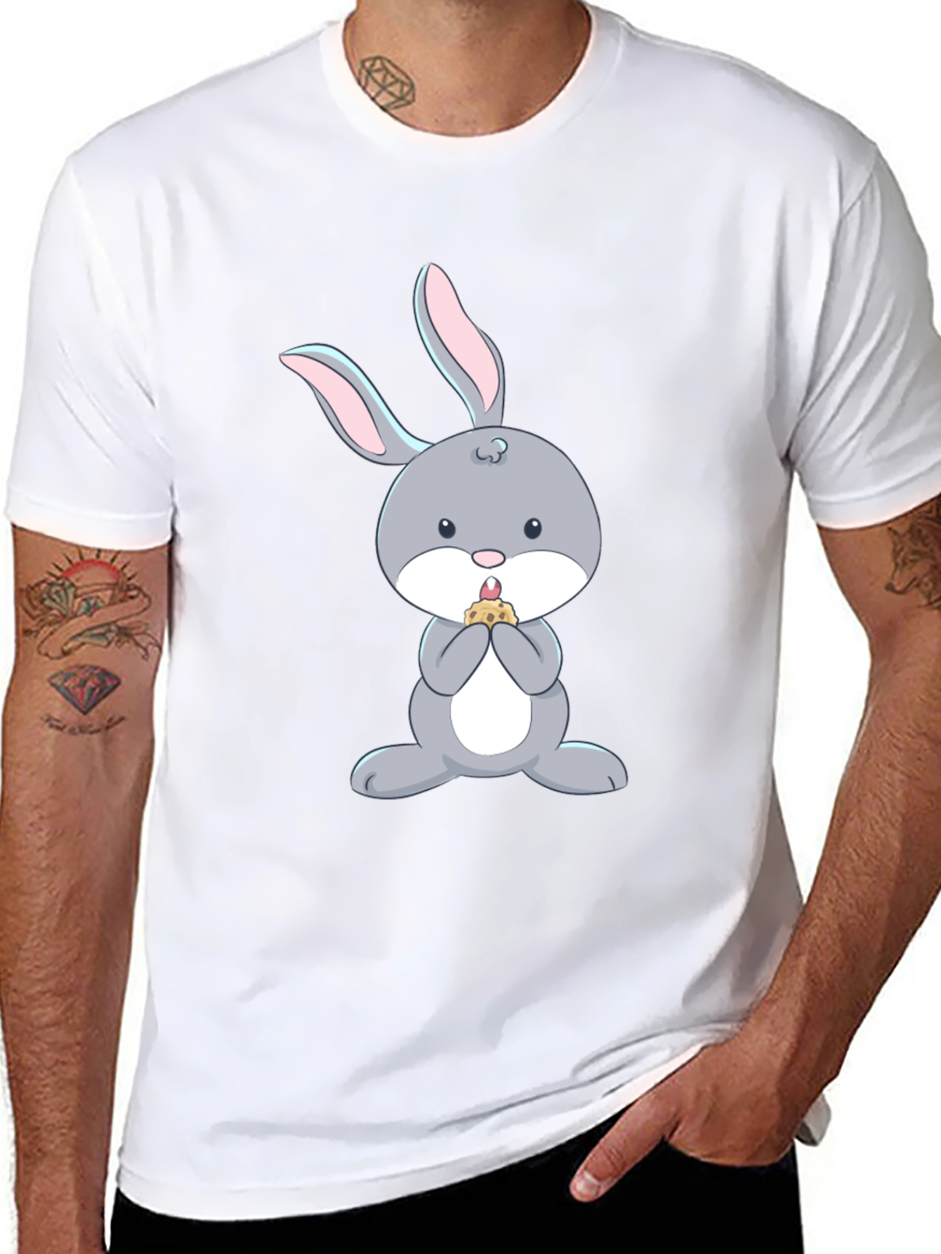 Cute Bunny Eating T-Shirt - Black Cotton Tee