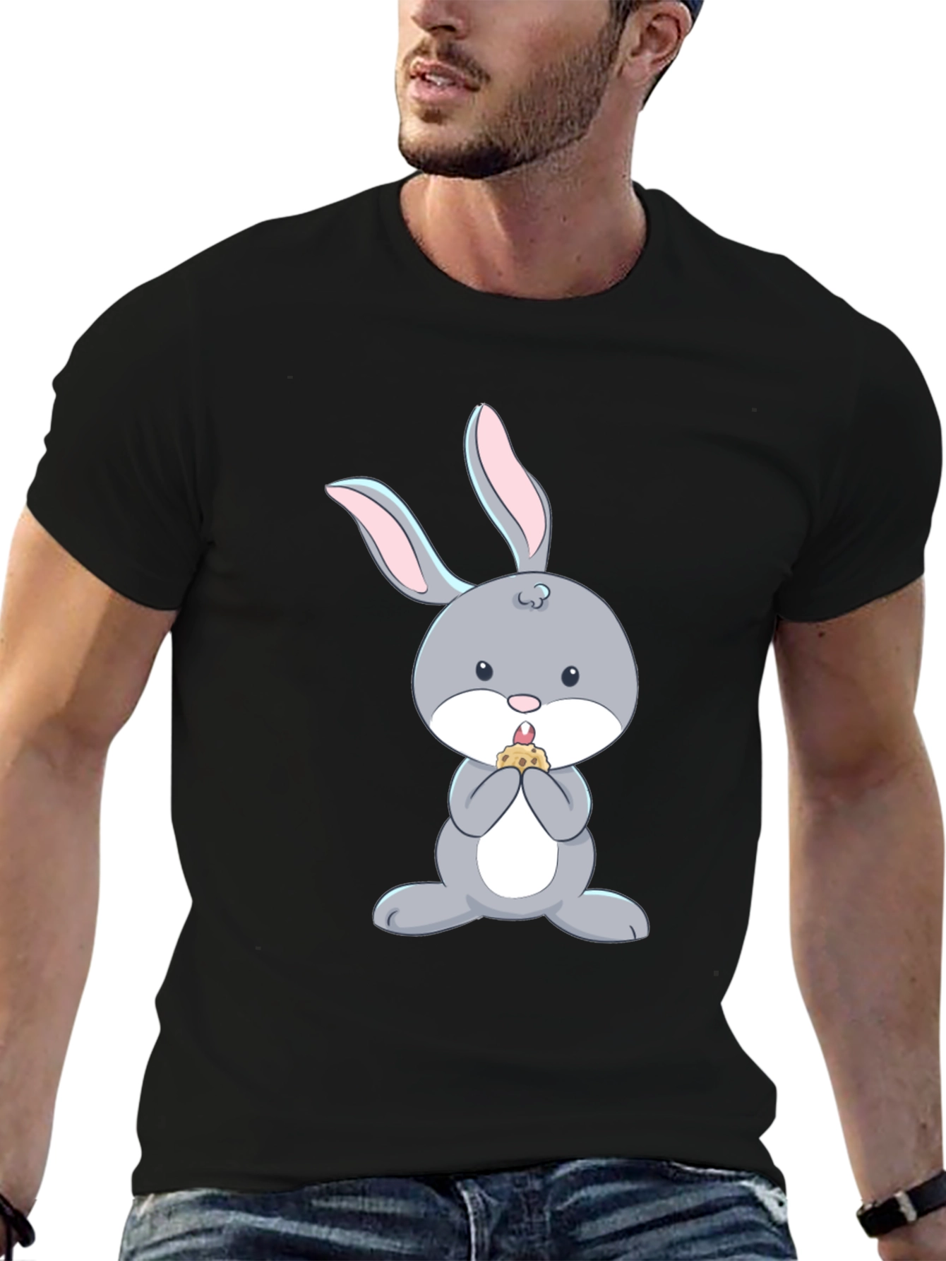 Cute Bunny Eating T-Shirt - Black Cotton Tee