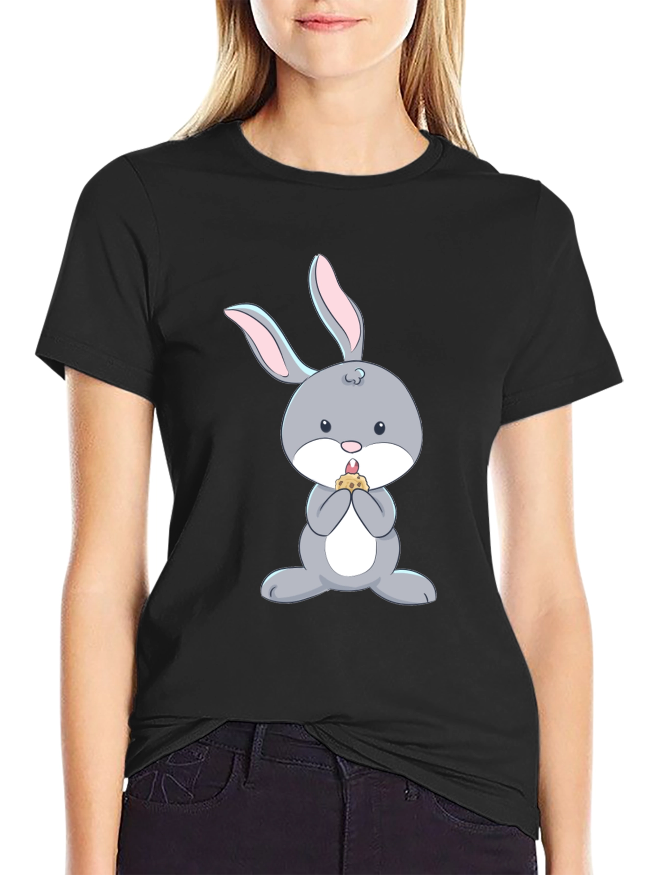 Cute Bunny Eating T-Shirt - Black Cotton Tee